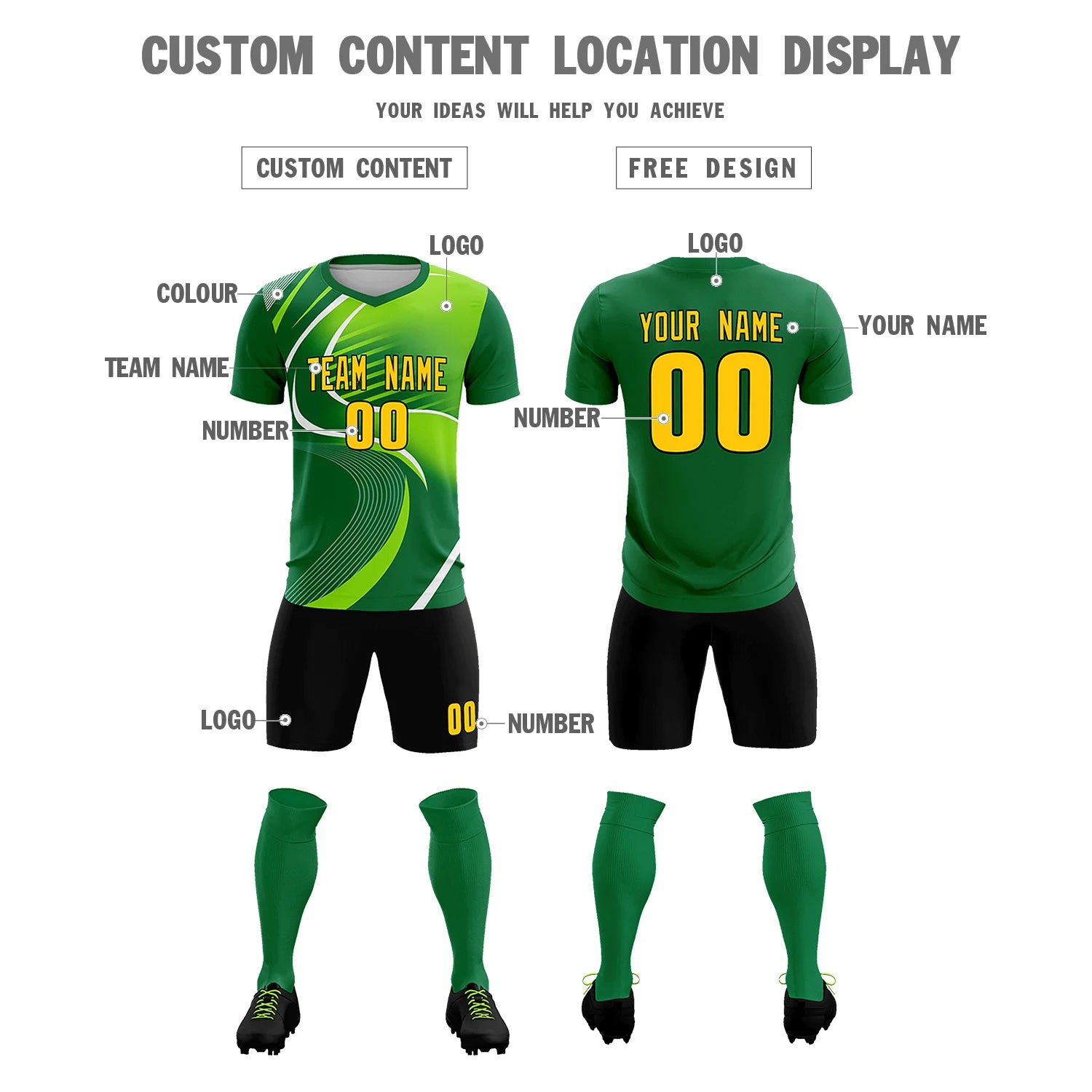 Custom Kelly Green White-Neon Green Casual Printing Sportswear Soccer Sets Jersey
