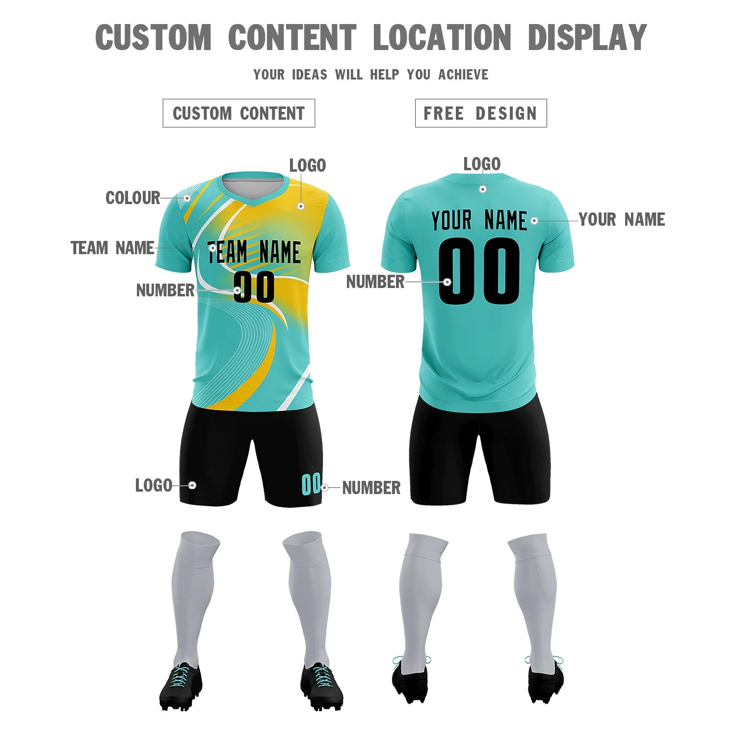 Custom Bright Green White-Gold01 Casual Printing Sportswear Soccer Sets Jersey