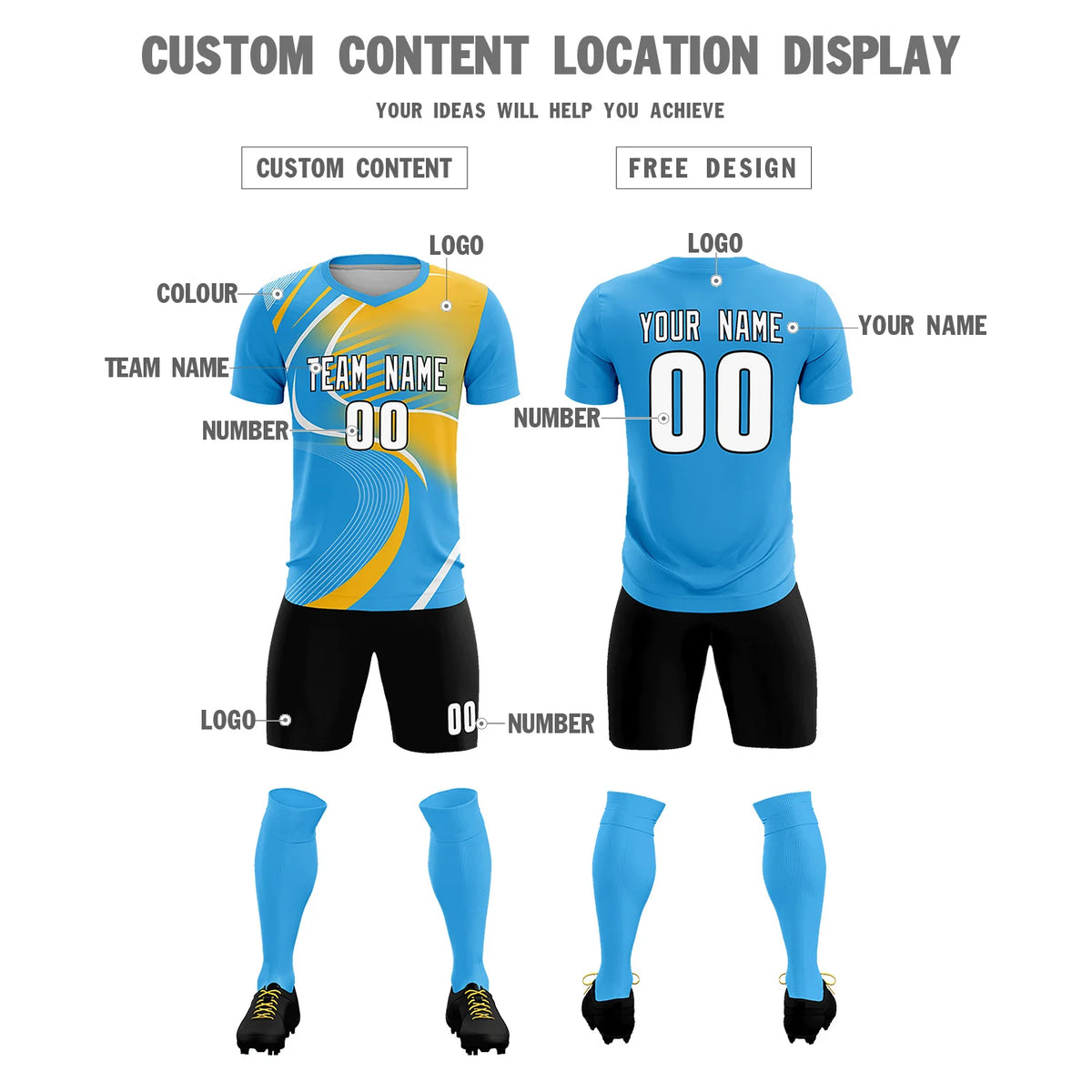 Custom Powder Blue White-Gold01 Casual Printing Sportswear Soccer Sets Jersey