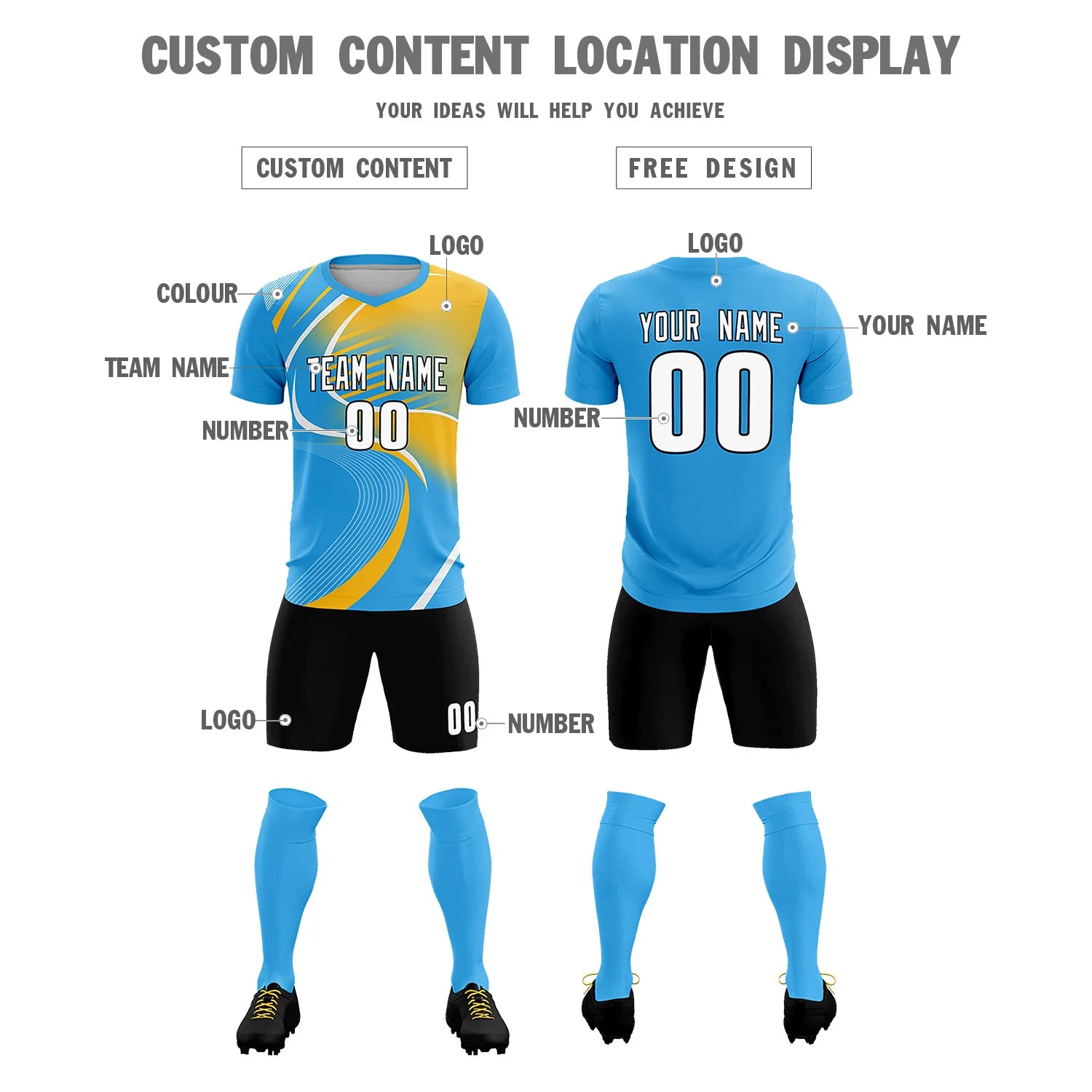 Custom Powder Blue White-Gold01 Casual Printing Sportswear Soccer Sets Jersey