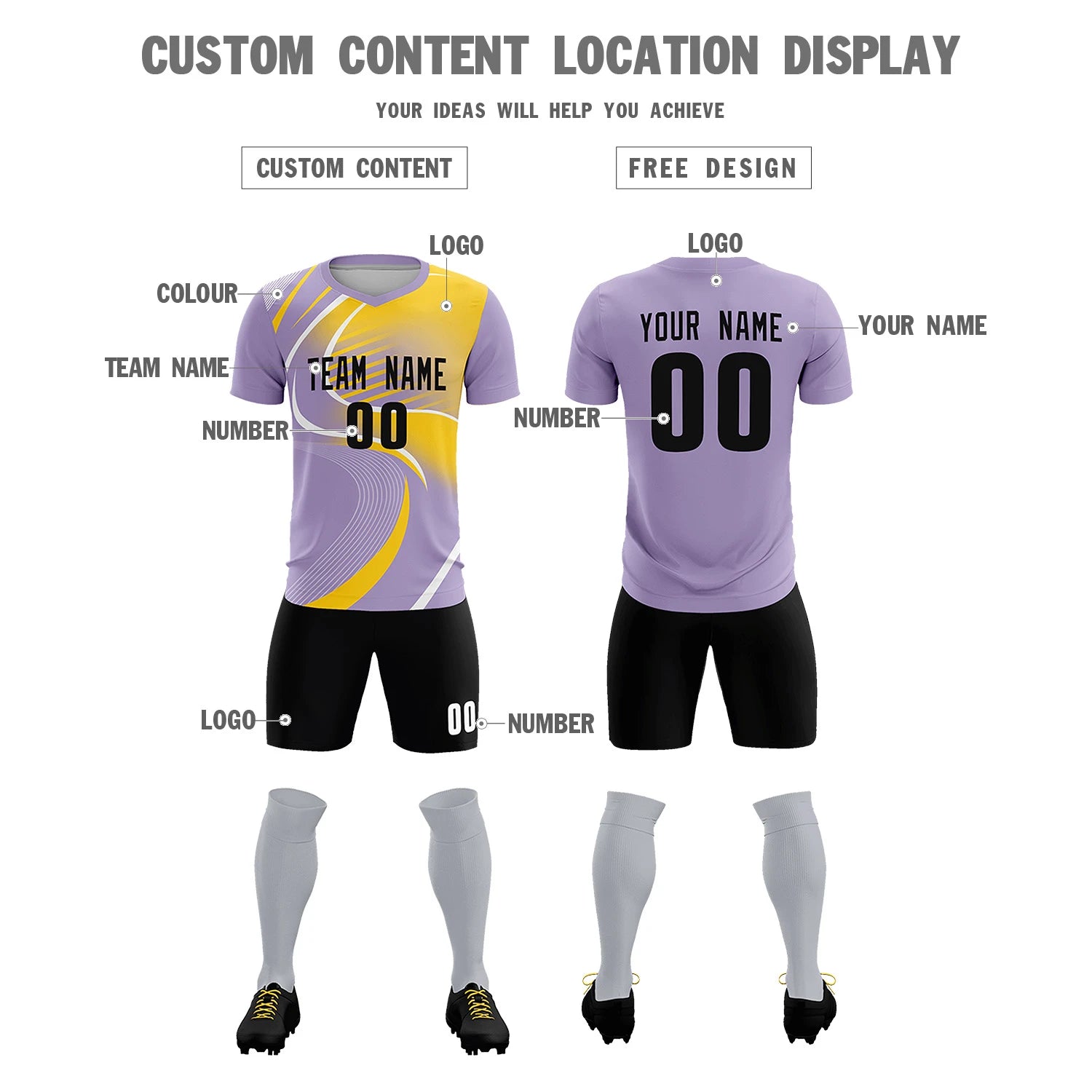 Custom Light Purple White-Gold01 Casual Printing Sportswear Soccer Sets Jersey
