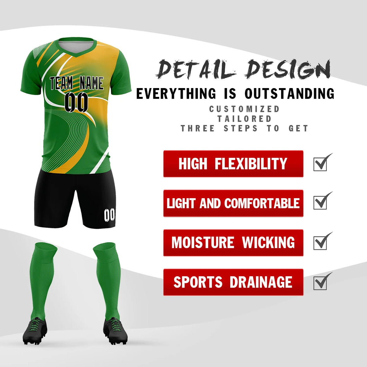 Custom Kelly Green White-Yellow Casual Printing Sportswear Soccer Sets Jersey