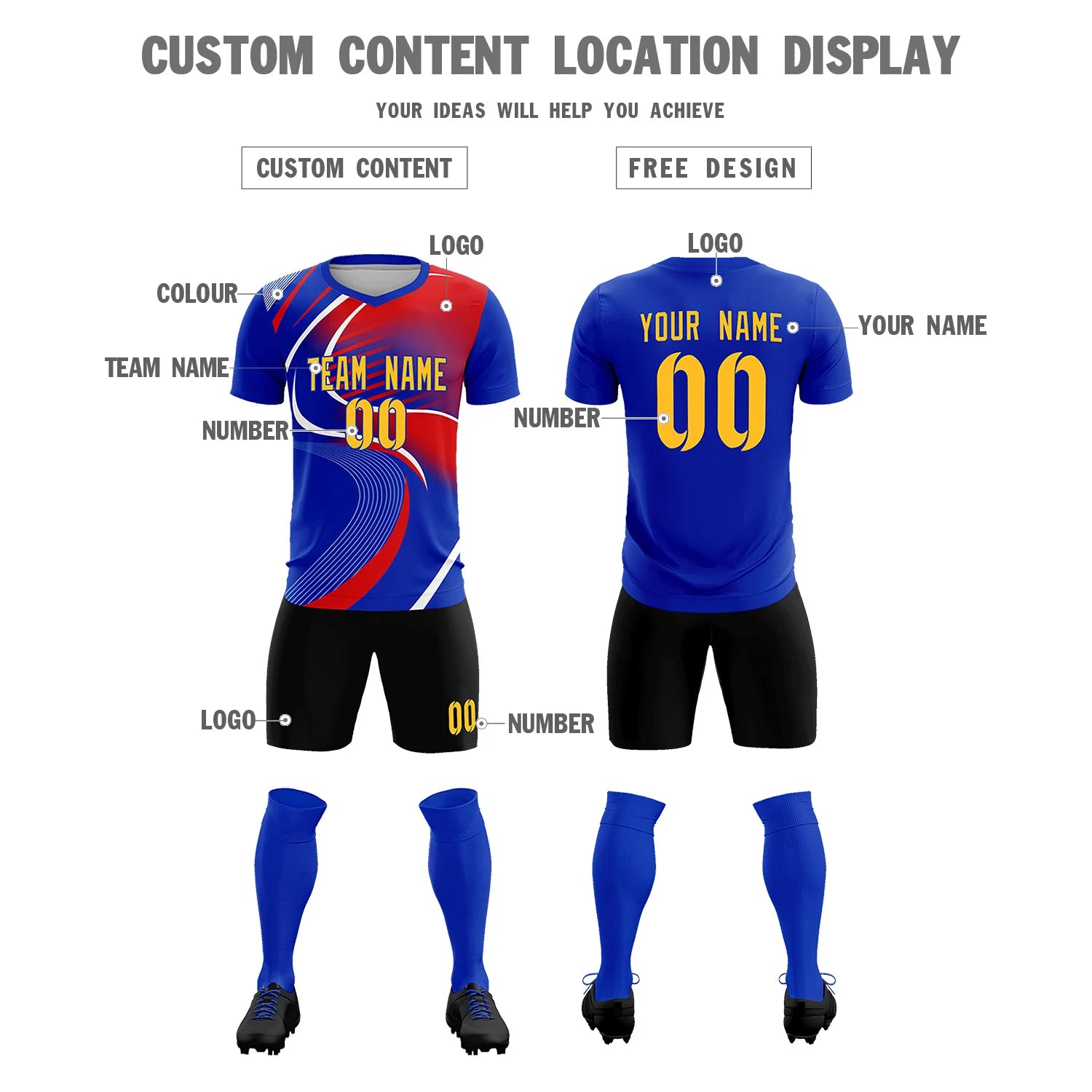 Custom Royal Blue White-Red Casual Printing Sportswear Soccer Sets Jersey