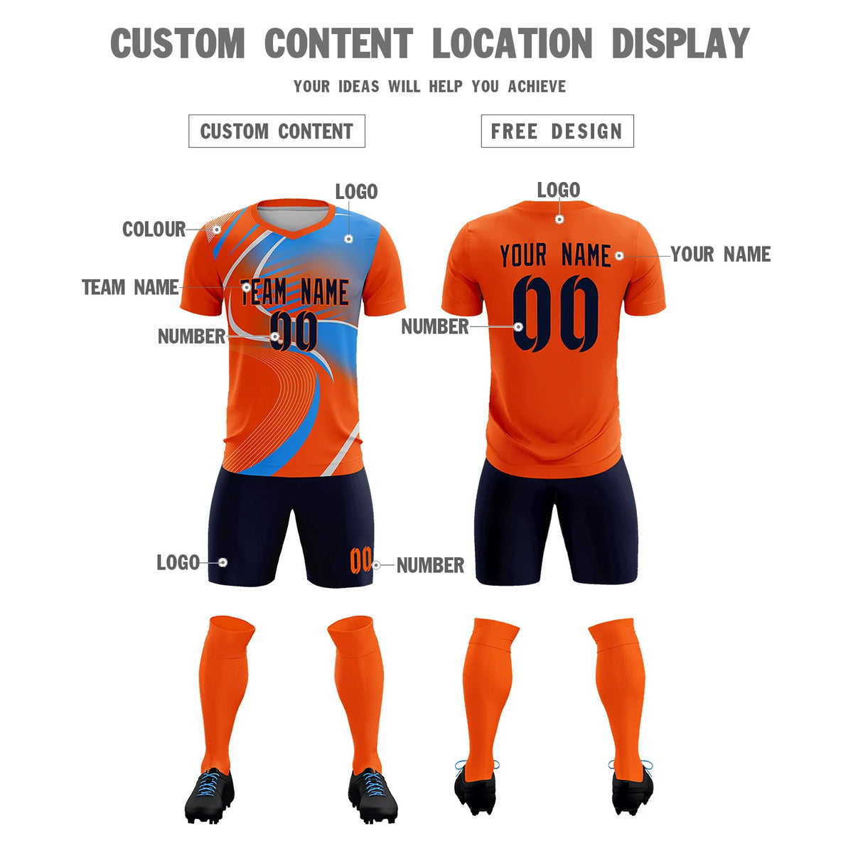 Custom Orange Gray-Light Blue Casual Printing Sportswear Soccer Sets Jersey