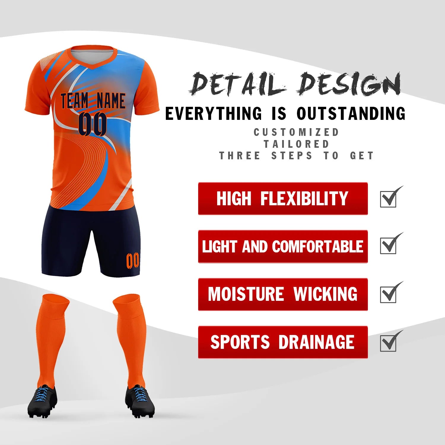 Custom Orange Gray-Light Blue Casual Printing Sportswear Soccer Sets Jersey
