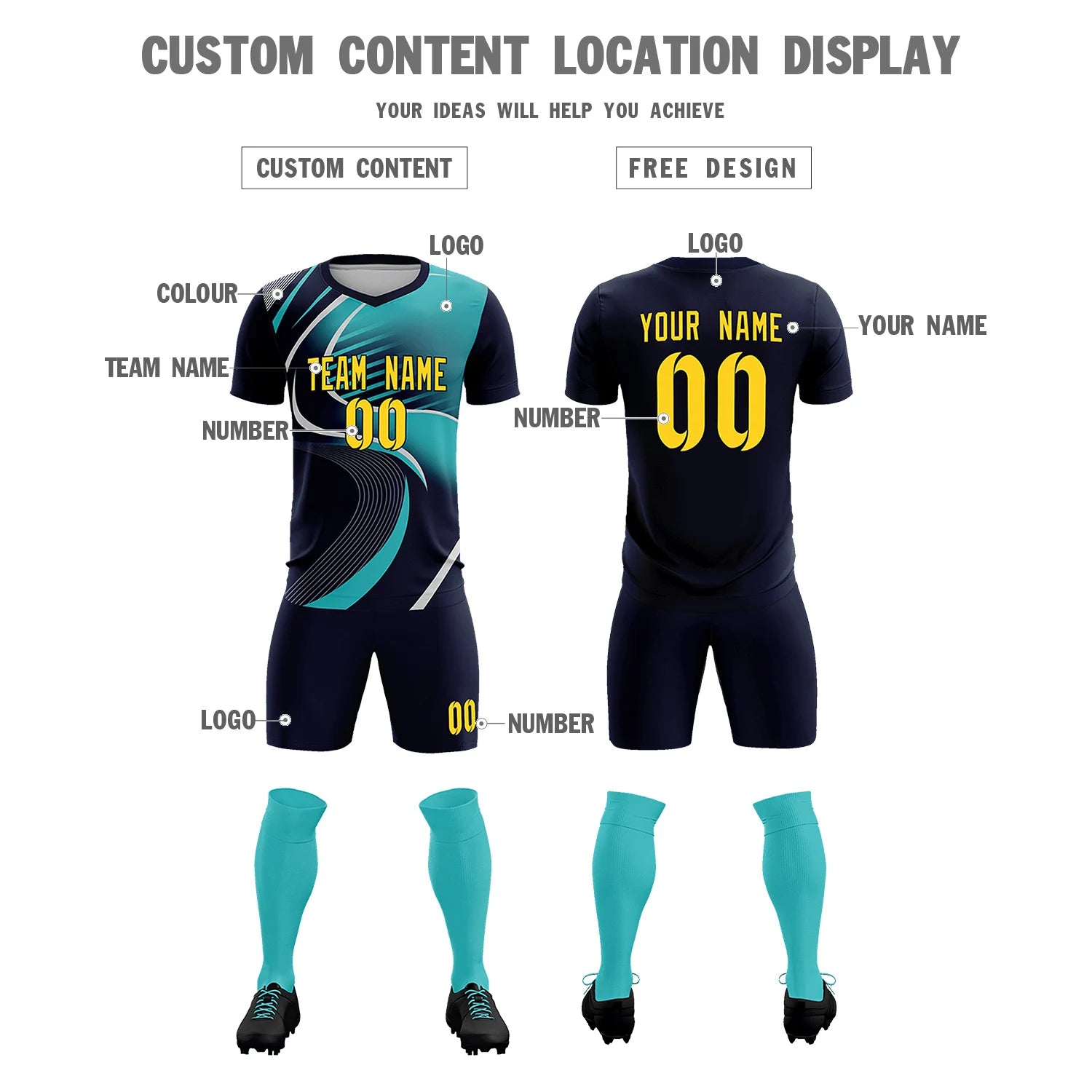 Custom Navy Gray-Aqua Casual Printing Sportswear Soccer Sets Jersey