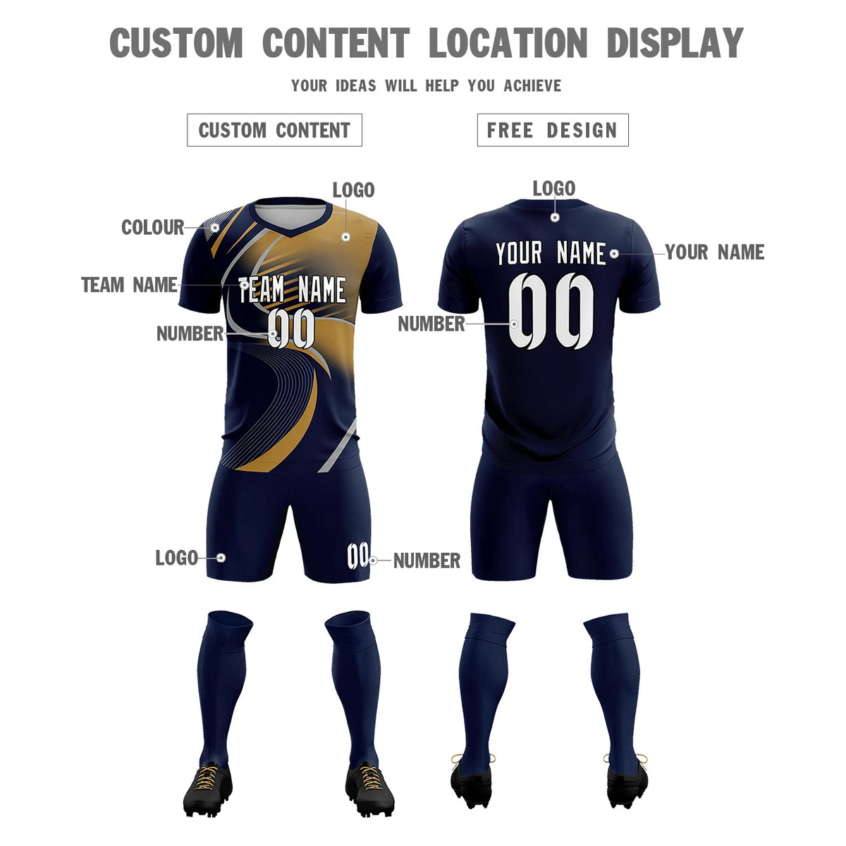 Custom Navy Gray-Old Gold Casual Printing Sportswear Soccer Sets Jersey
