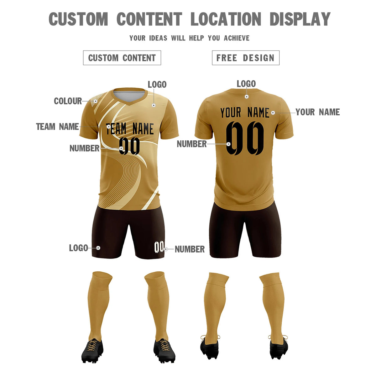Custom Old Gold Khaki-Khaki Casual Printing Sportswear Soccer Sets Jersey