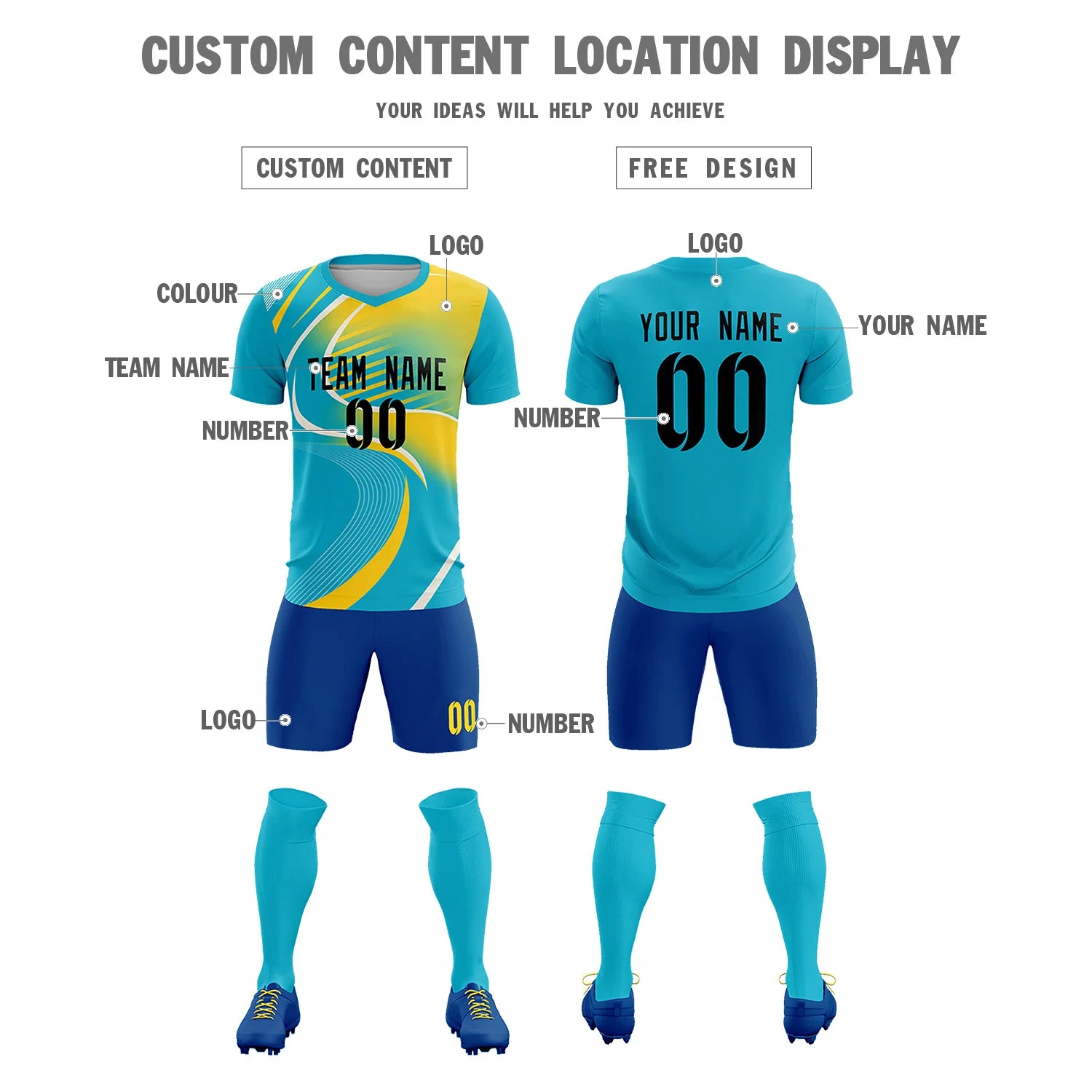 Custom Aqua Black-Gold01 Casual Printing Sportswear Soccer Sets Jersey