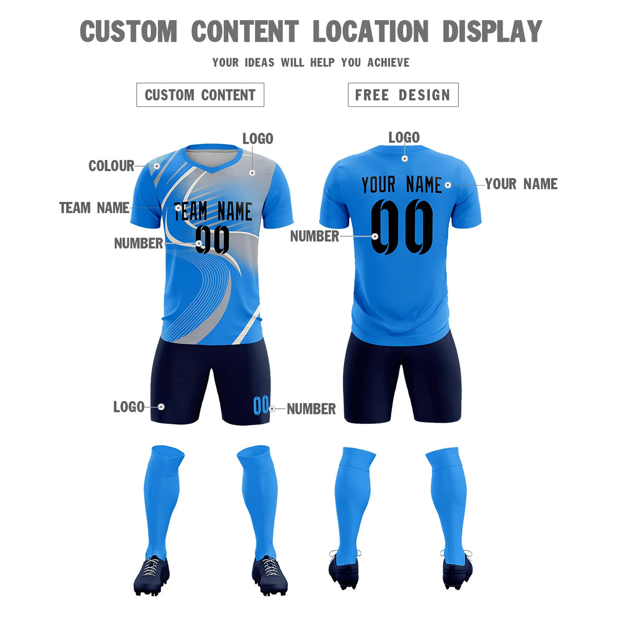 Custom Powder Blue White-Gray Casual Printing Sportswear Soccer Sets Jersey