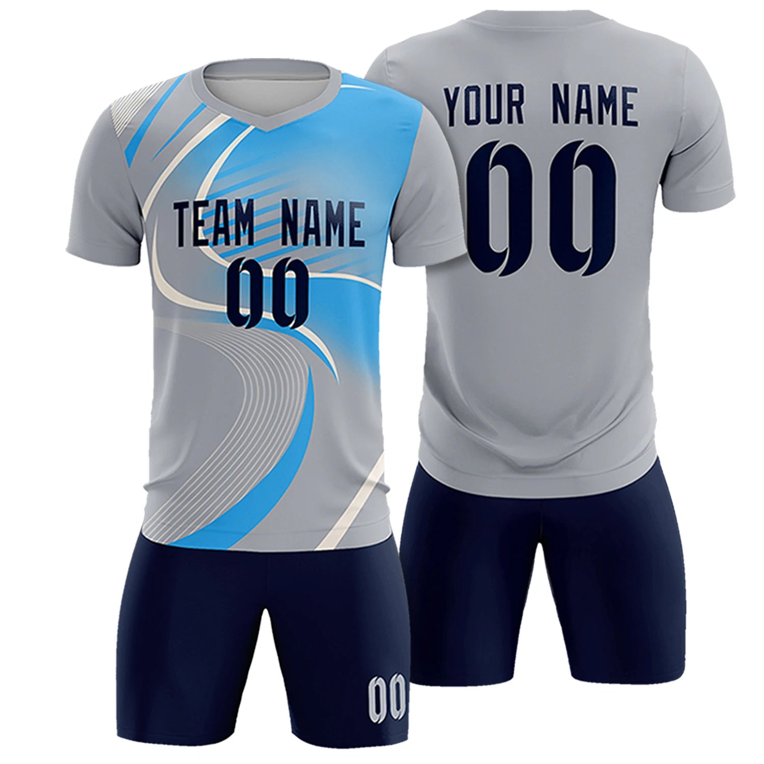 Custom Gray White-Powder Blue Casual Printing Sportswear Soccer Sets Jersey