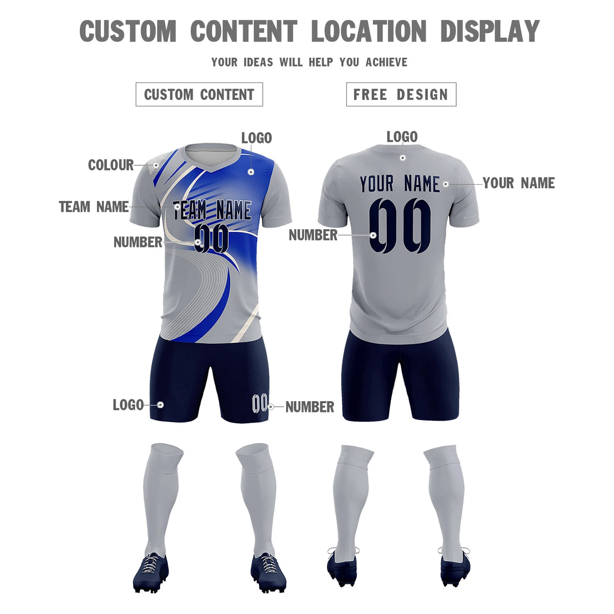 Custom Gray White-Royal Blue Casual Printing Sportswear Soccer Sets Jersey