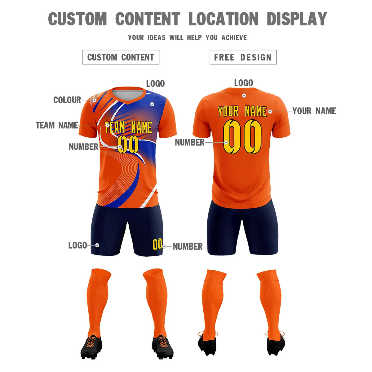 Custom Orange White-Royal Blue Casual Printing Sportswear Soccer Sets Jersey