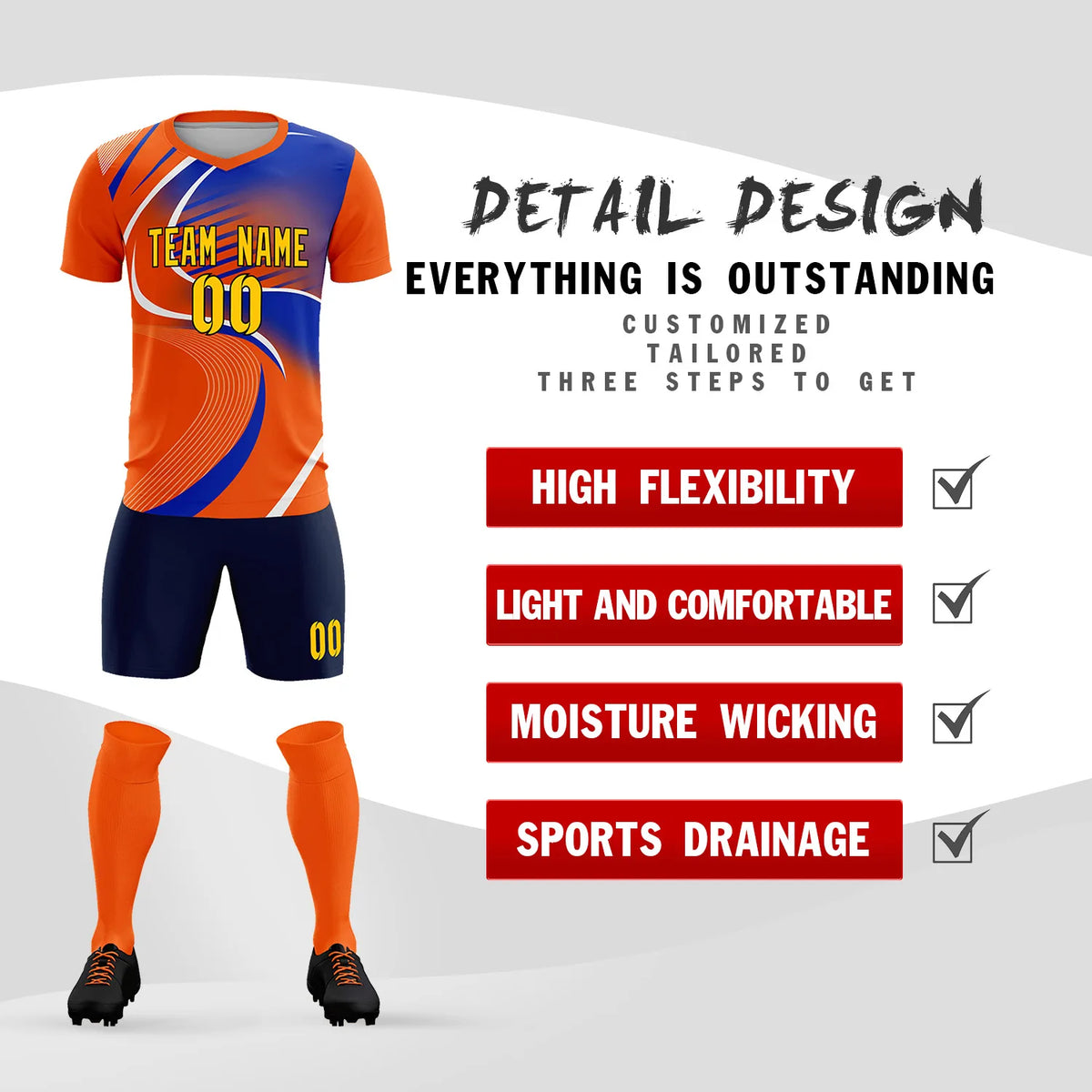 Custom Orange White-Royal Blue Casual Printing Sportswear Soccer Sets Jersey