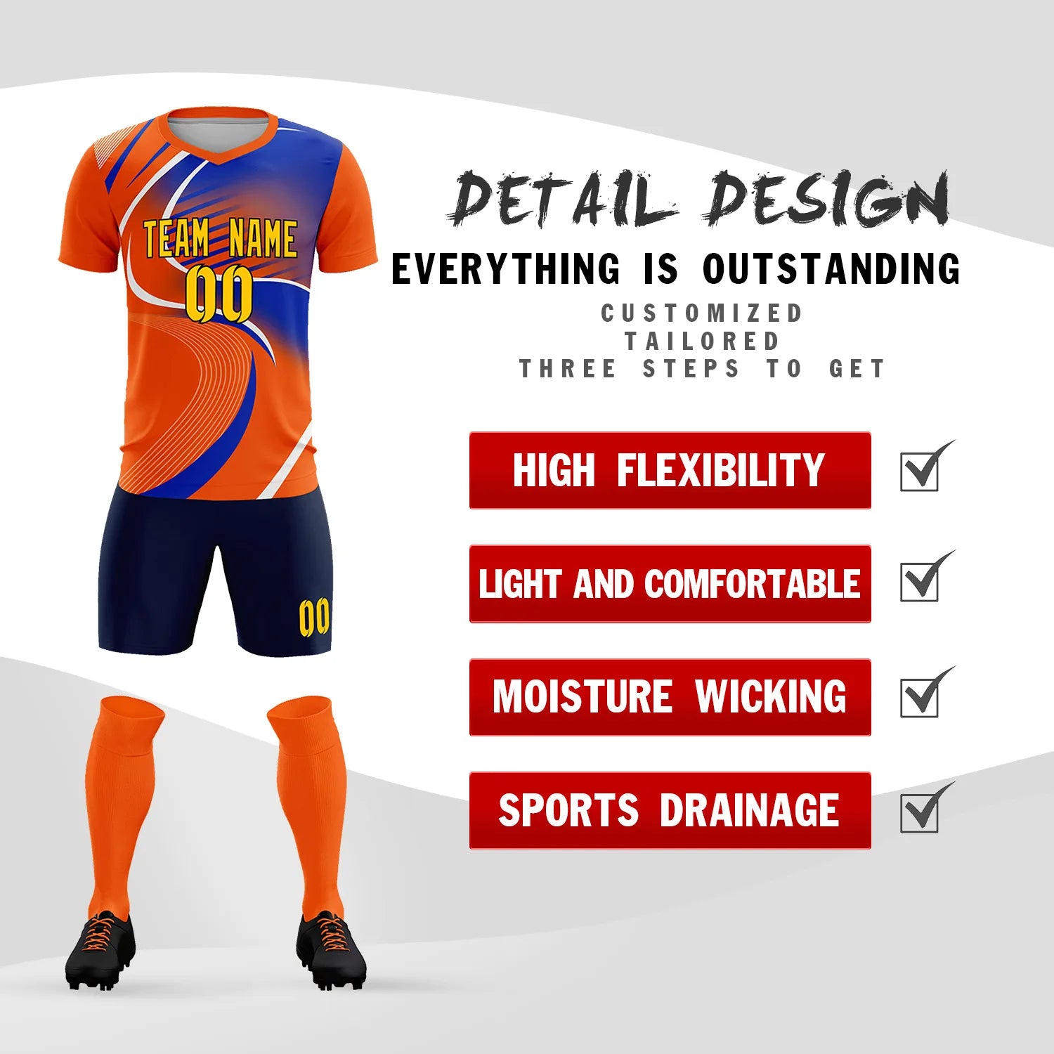 Custom Orange White-Royal Blue Casual Printing Sportswear Soccer Sets Jersey