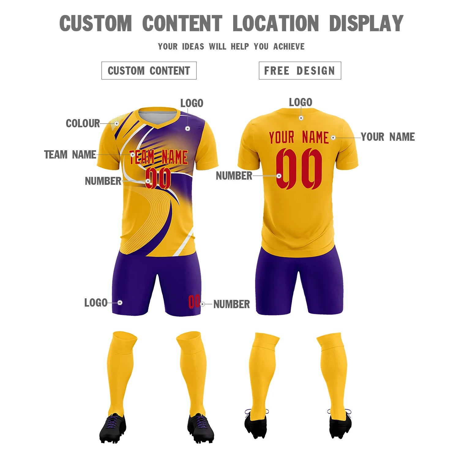 Custom Yellow White-Purple Casual Printing Sportswear Soccer Sets Jersey