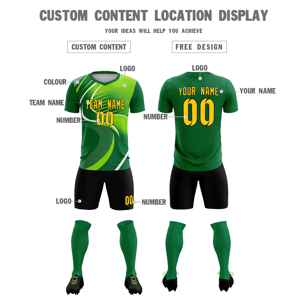 Custom Kelly Green White-Neon Green Casual Printing Sportswear Soccer Sets Jersey