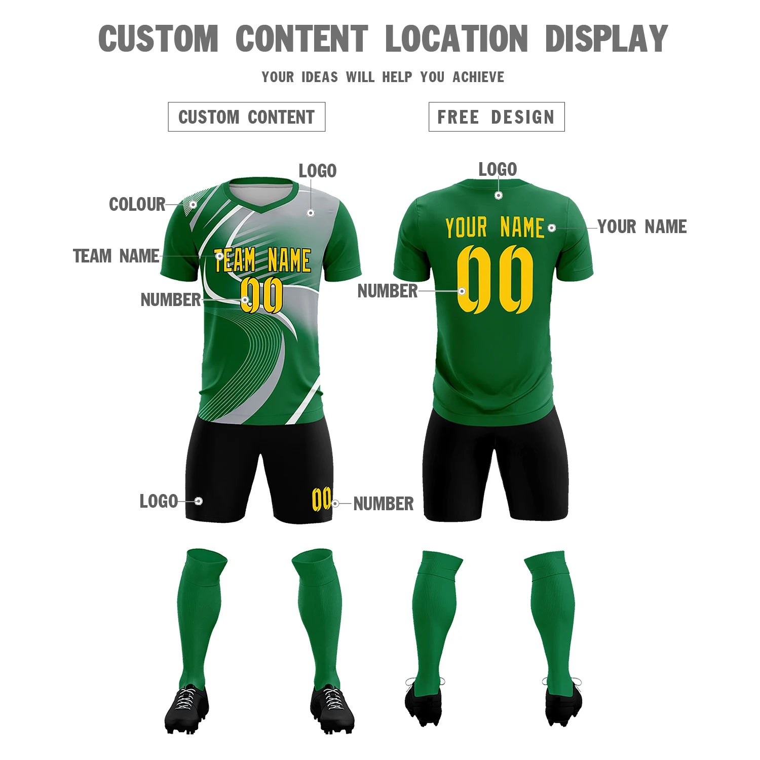 Custom Kelly Green White-Gray Casual Printing Sportswear Soccer Sets Jersey