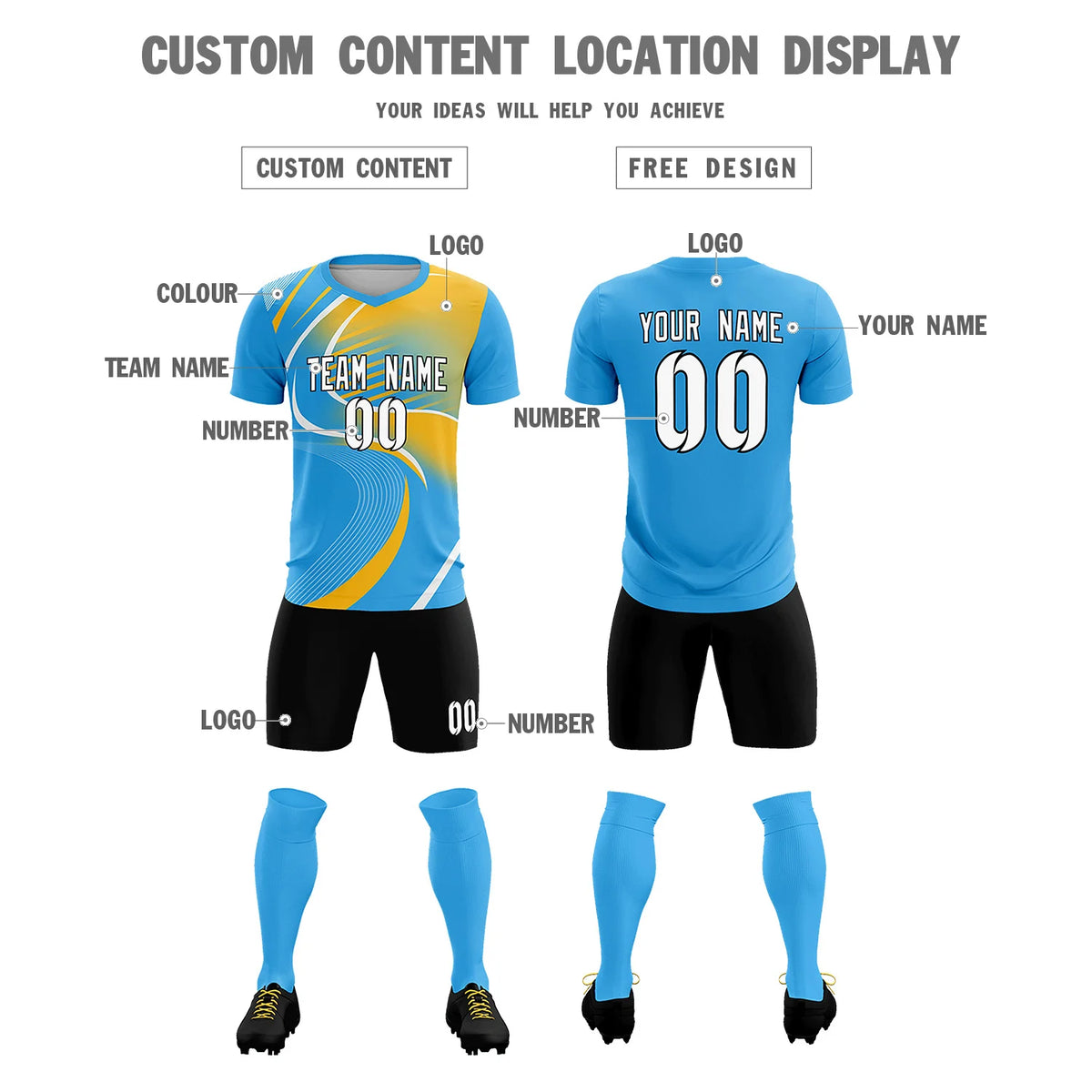 Custom Powder Blue White-Gold01 Casual Printing Sportswear Soccer Sets Jersey