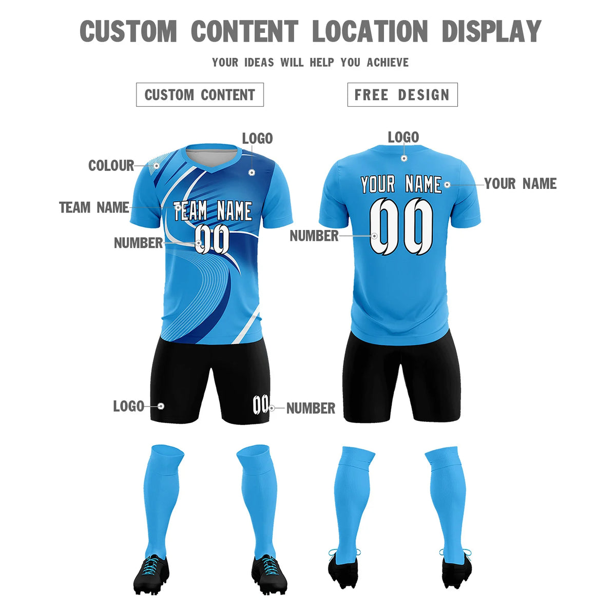 Custom Powder Blue White-Navy Casual Printing Sportswear Soccer Sets Jersey