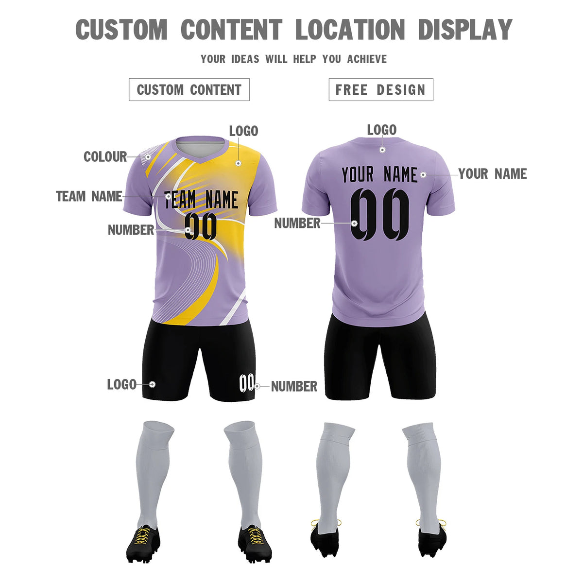 Custom Light Purple White-Gold01 Casual Printing Sportswear Soccer Sets Jersey