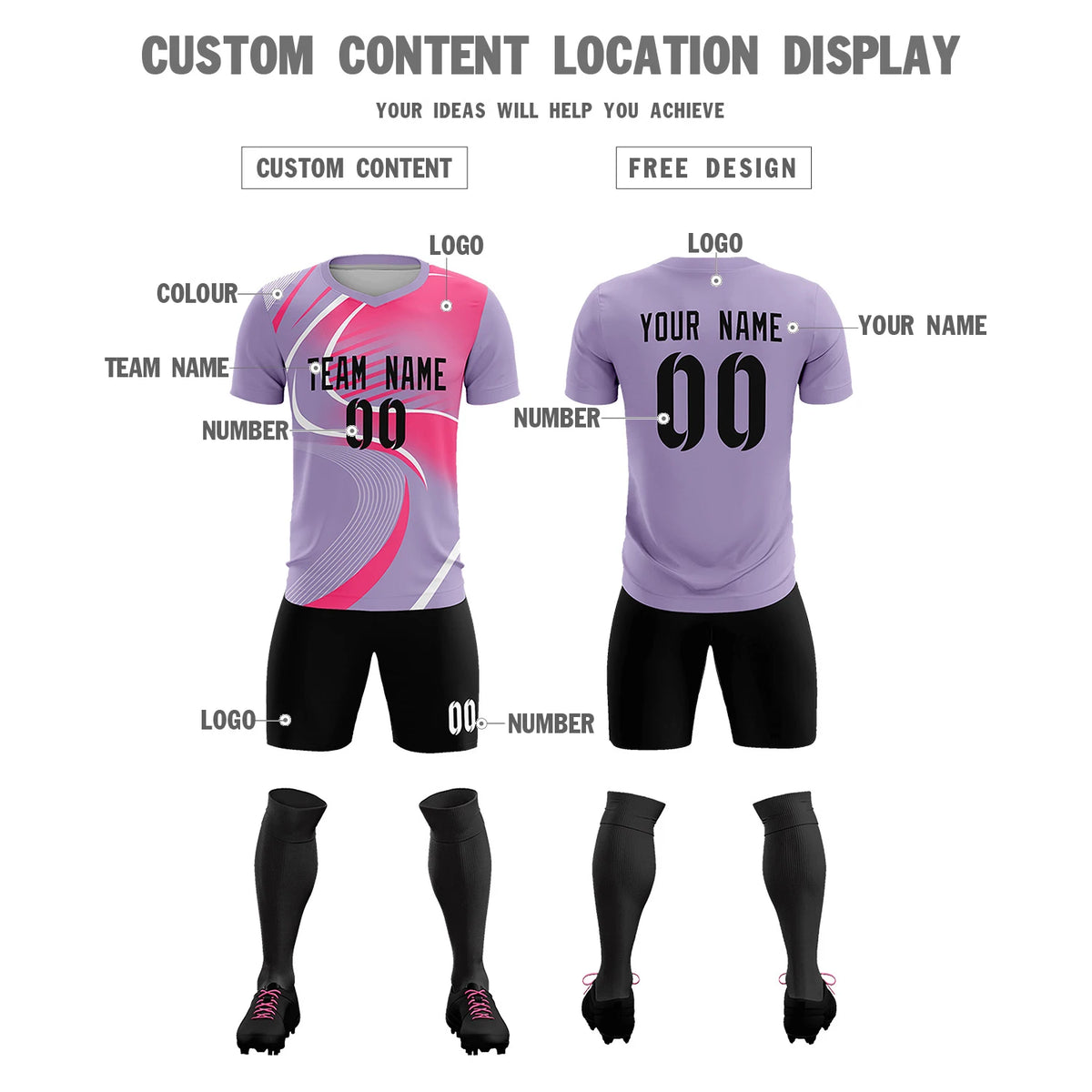 Custom Light Purple White-Pink Casual Printing Sportswear Soccer Sets Jersey