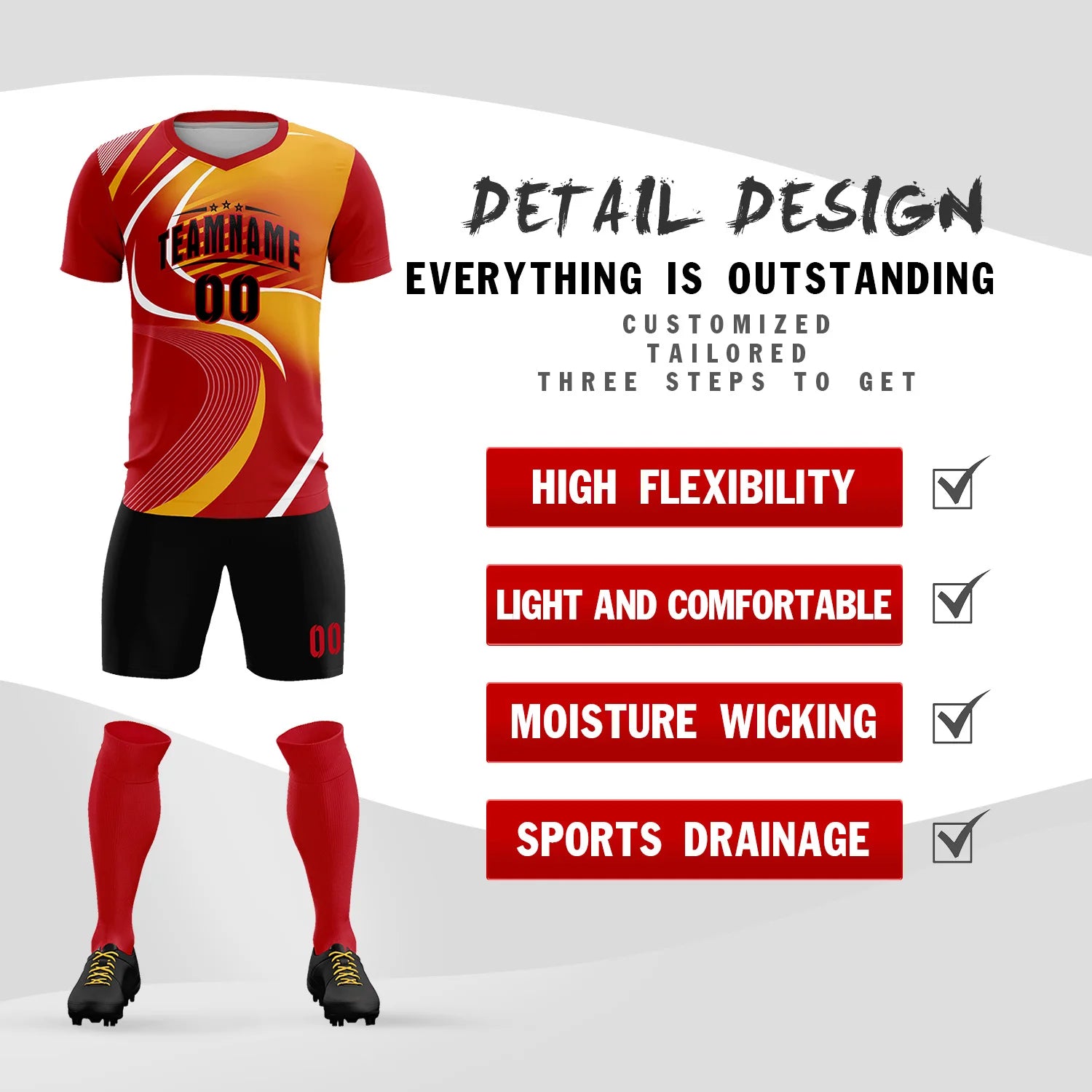 Custom Red White-Yellow Casual Printing Sportswear Soccer Sets Jersey