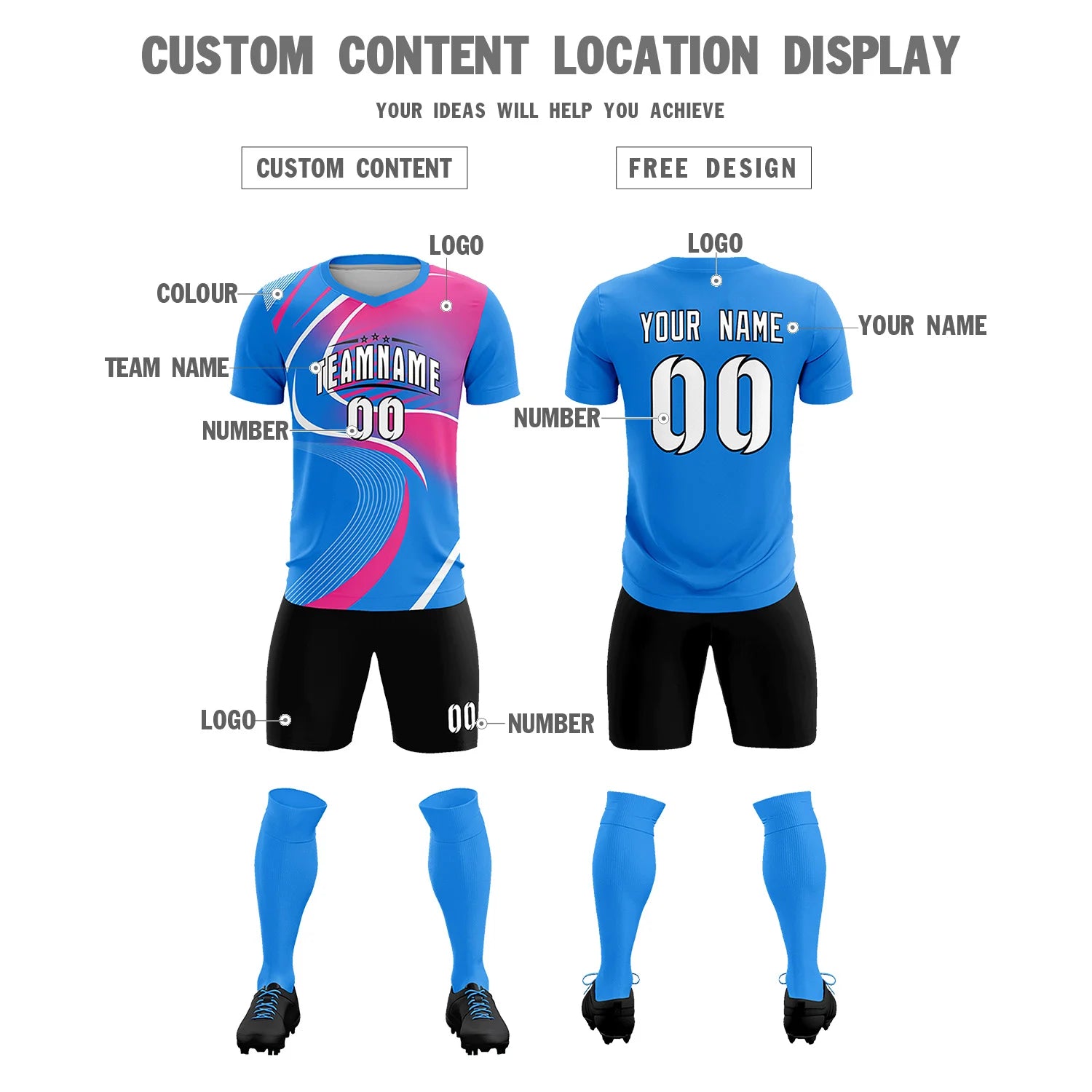 Custom Powder Blue White-Pink Casual Printing Sportswear Soccer Sets Jersey