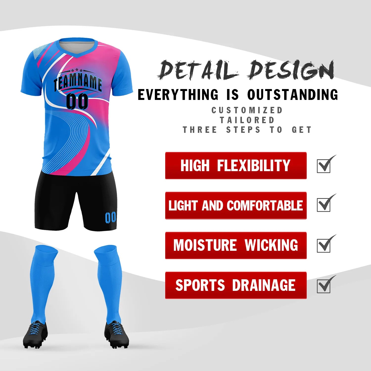 Custom Powder Blue White-Pink Casual Printing Sportswear Soccer Sets Jersey