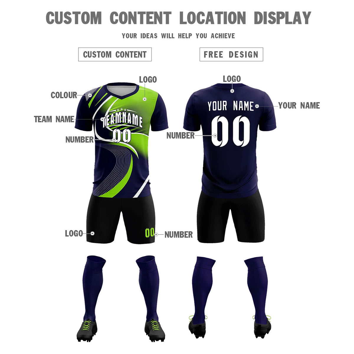Custom Navy White-Neon Green Casual Printing Sportswear Soccer Sets Jersey