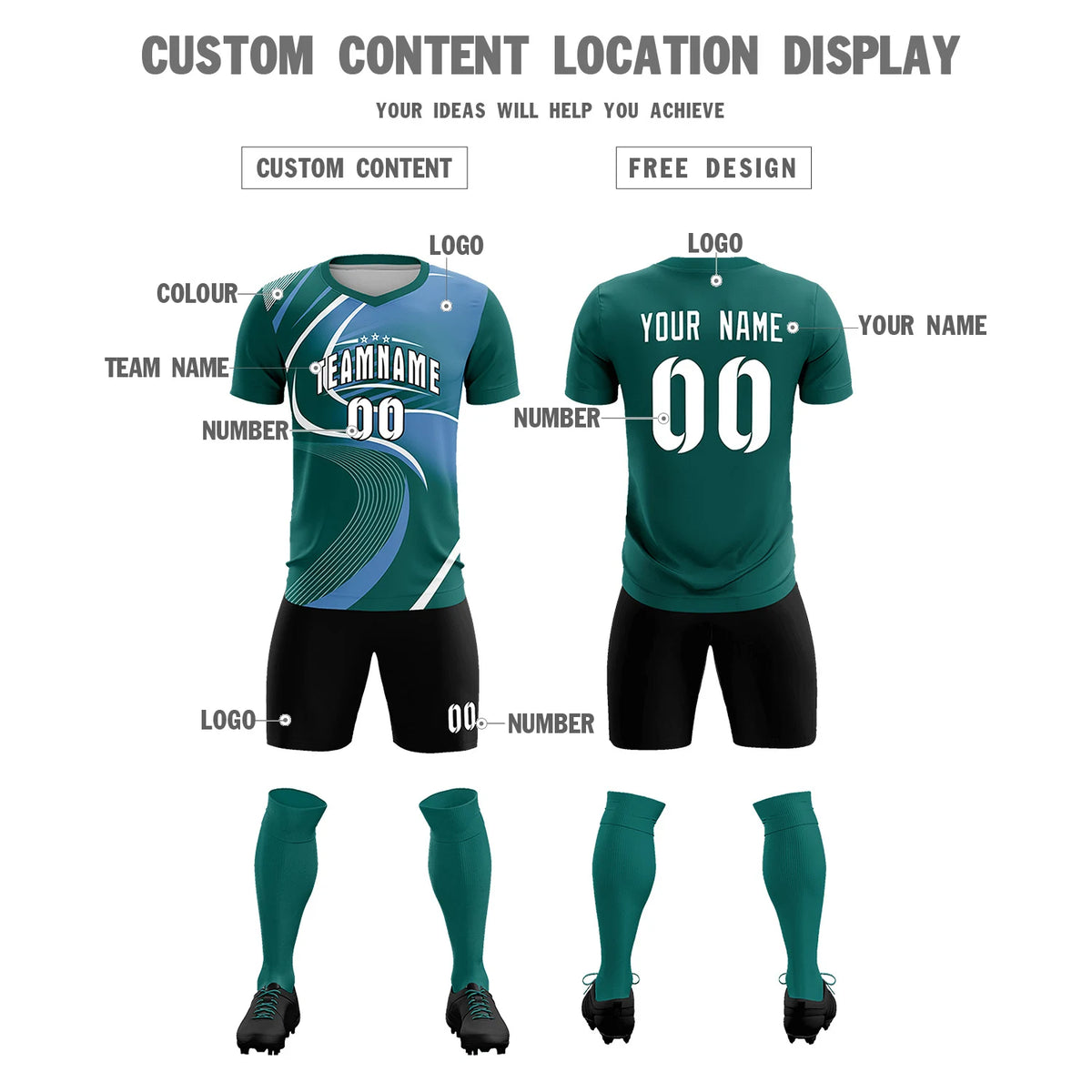 Custom Midnight Green White-Light Blue Casual Printing Sportswear Soccer Sets Jersey