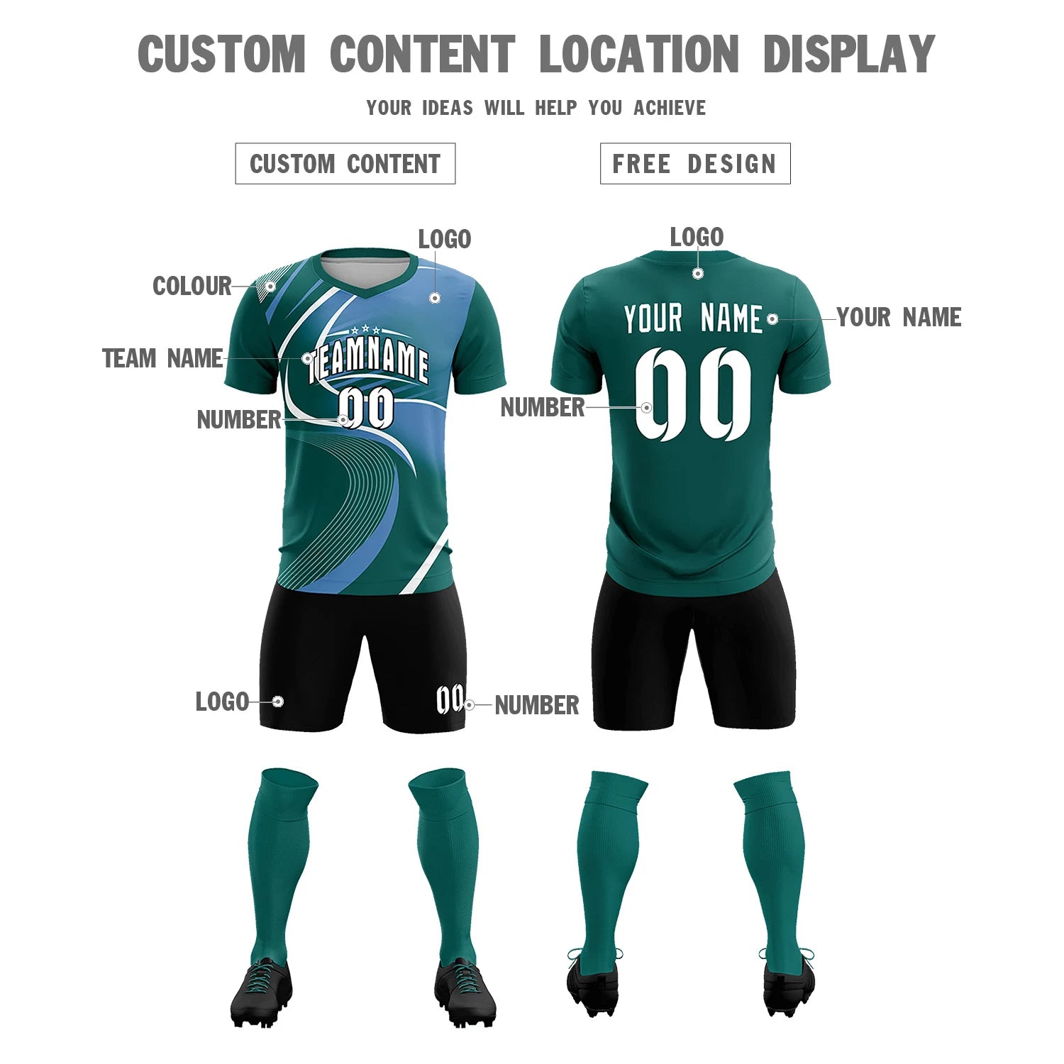 Custom Midnight Green White-Light Blue Casual Printing Sportswear Soccer Sets Jersey