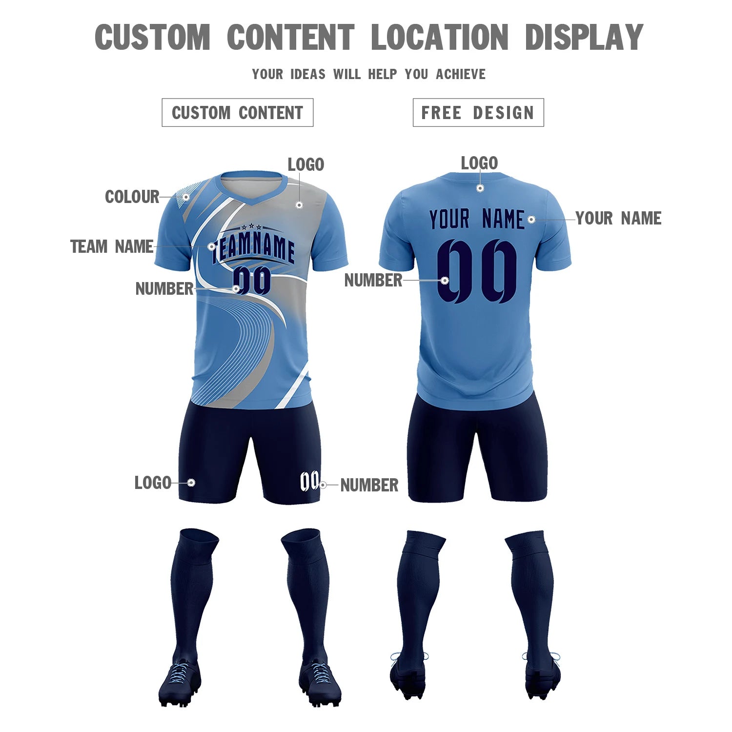 Custom Light Blue White-Gray Casual Printing Sportswear Soccer Sets Jersey