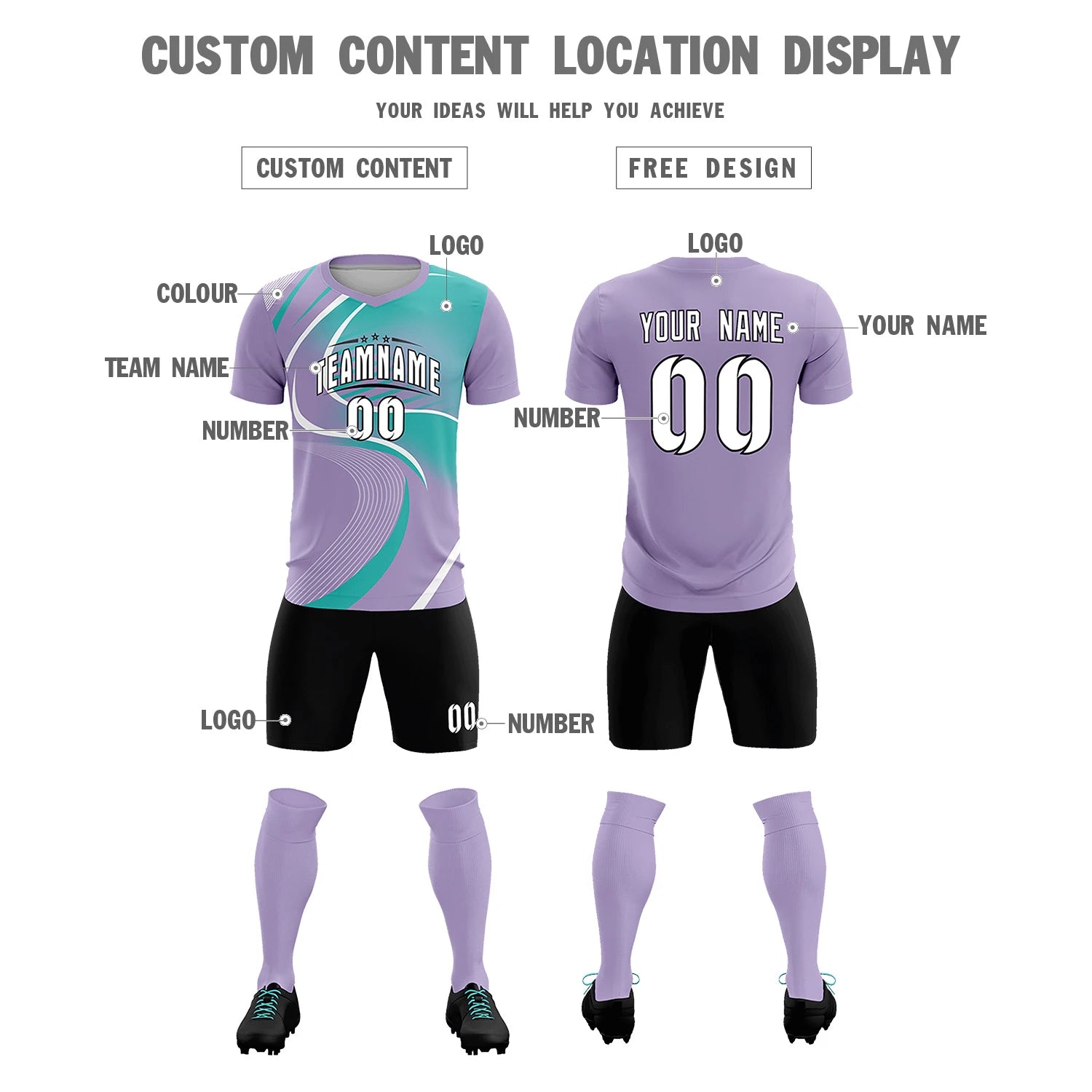 Custom Light Purple White-Bright Green Casual Printing Sportswear Soccer Sets Jersey
