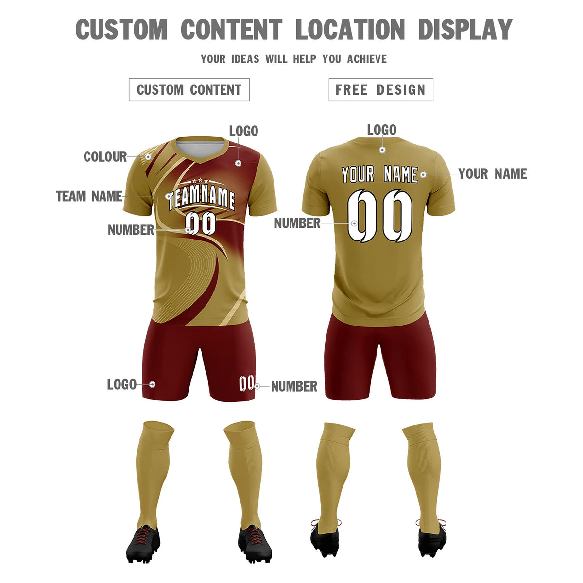 Custom Old Gold Khaki-Crimson Casual Printing Sportswear Soccer Sets Jersey