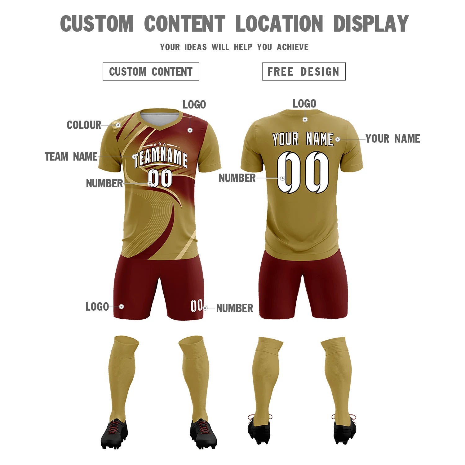 Custom Old Gold Khaki-Crimson Casual Printing Sportswear Soccer Sets Jersey