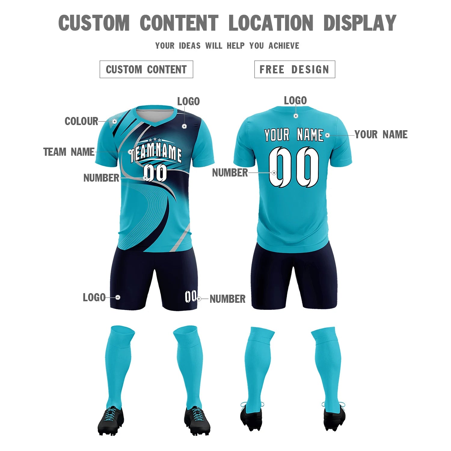 Custom Powder Blue Gray-Navy Casual Printing Sportswear Soccer Sets Jersey