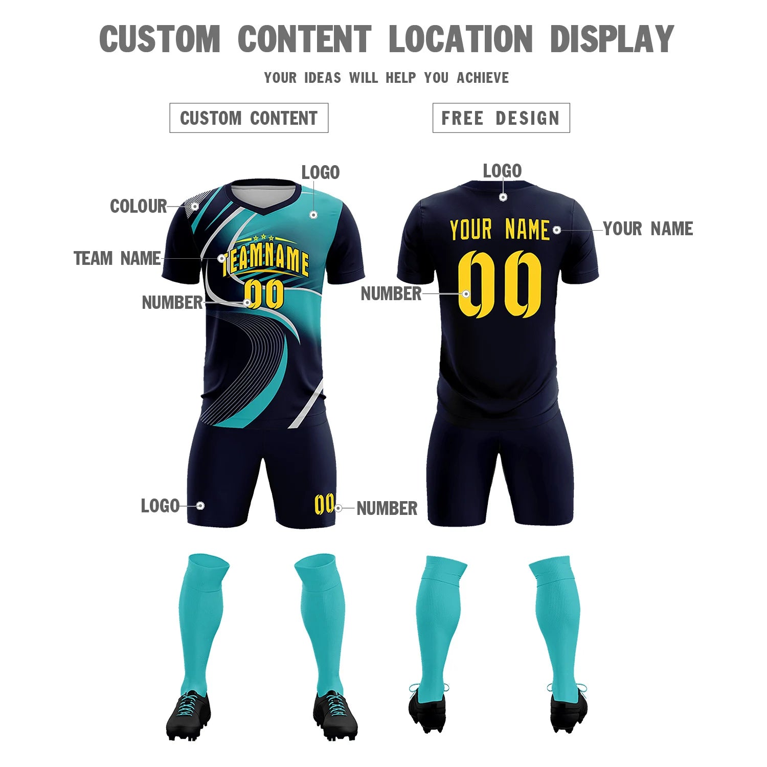 Custom Navy Gray-Aqua Casual Printing Sportswear Soccer Sets Jersey