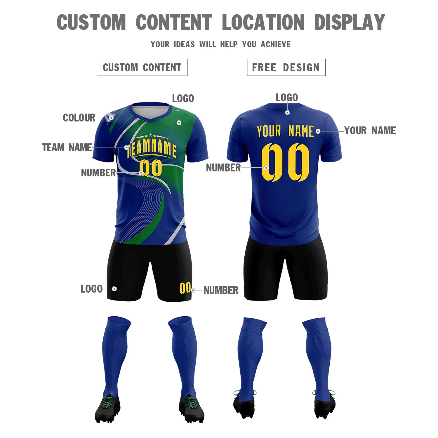 Custom Royal Blue Gray-Kelly Green Casual Printing Sportswear Soccer Sets Jersey