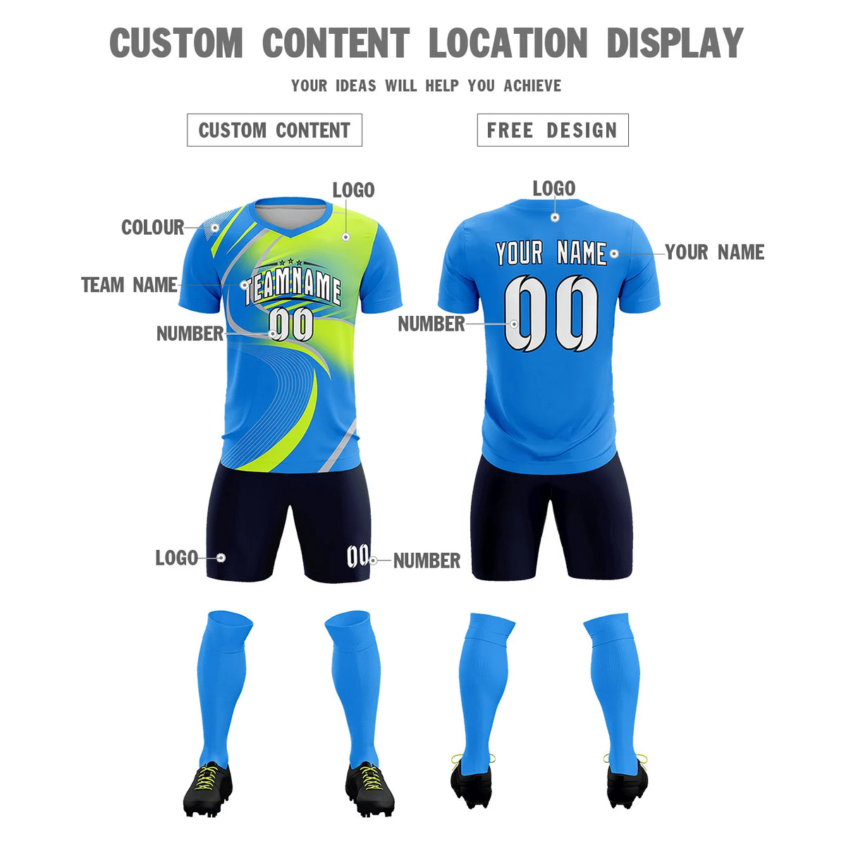 Custom Powder Blue Gray-Neon Green Casual Printing Sportswear Soccer Sets Jersey