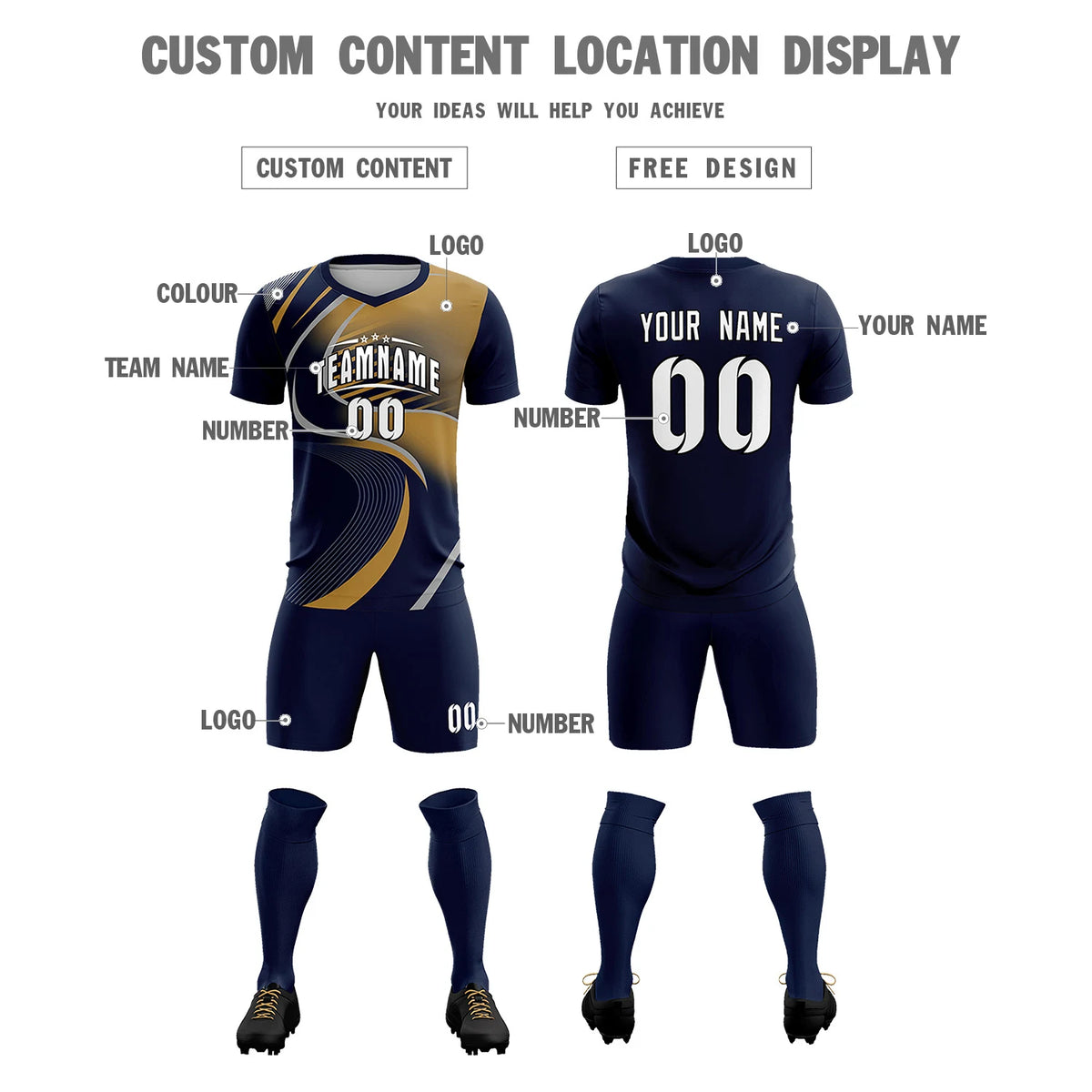 Custom Navy Gray-Old Gold Casual Printing Sportswear Soccer Sets Jersey