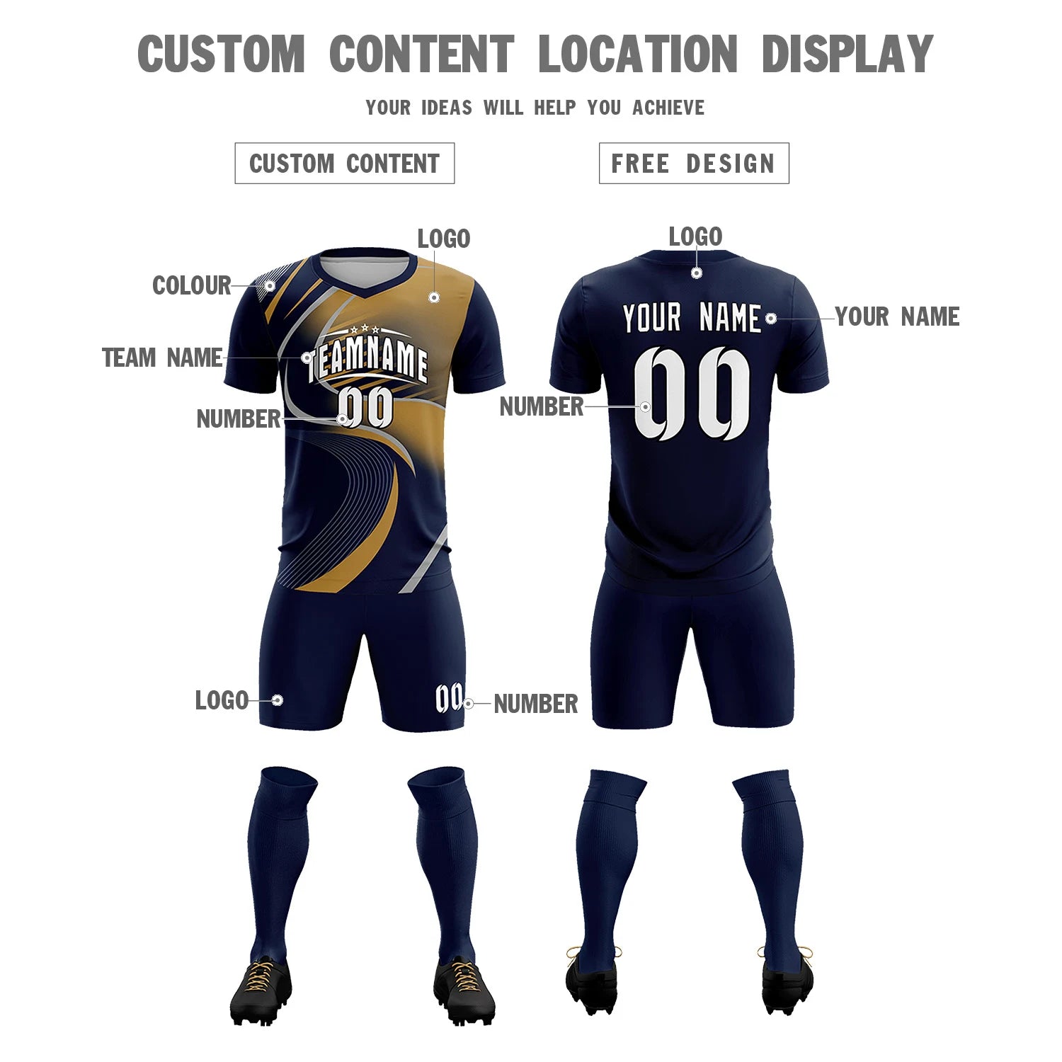 Custom Navy Gray-Old Gold Casual Printing Sportswear Soccer Sets Jersey