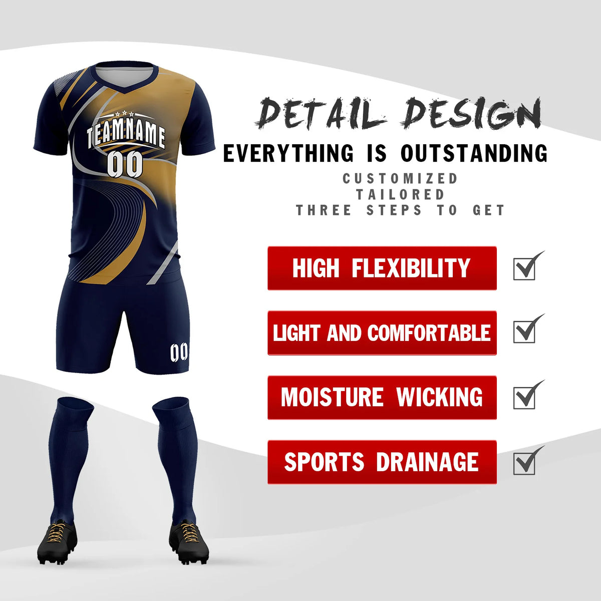 Custom Navy Gray-Old Gold Casual Printing Sportswear Soccer Sets Jersey