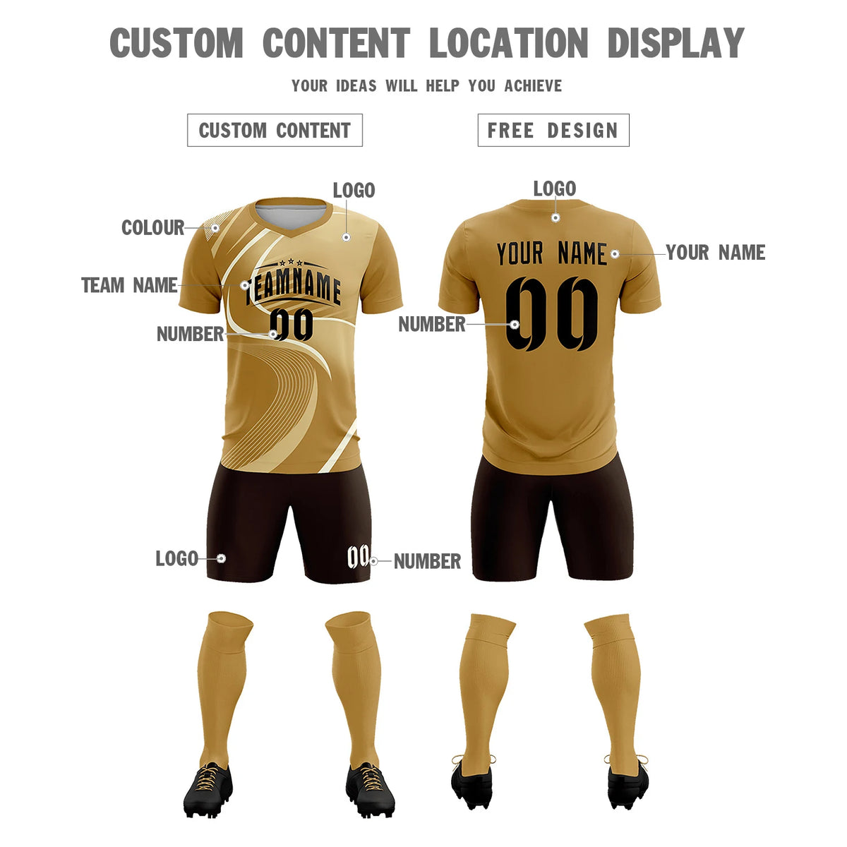 Custom Old Gold Khaki-Khaki Casual Printing Sportswear Soccer Sets Jersey