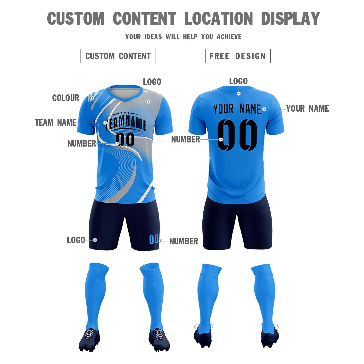 Custom Powder Blue White-Gray Casual Printing Sportswear Soccer Sets Jersey