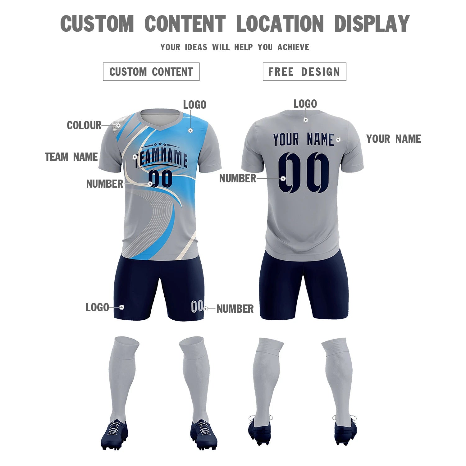 Custom Gray White-Powder Blue Casual Printing Sportswear Soccer Sets Jersey