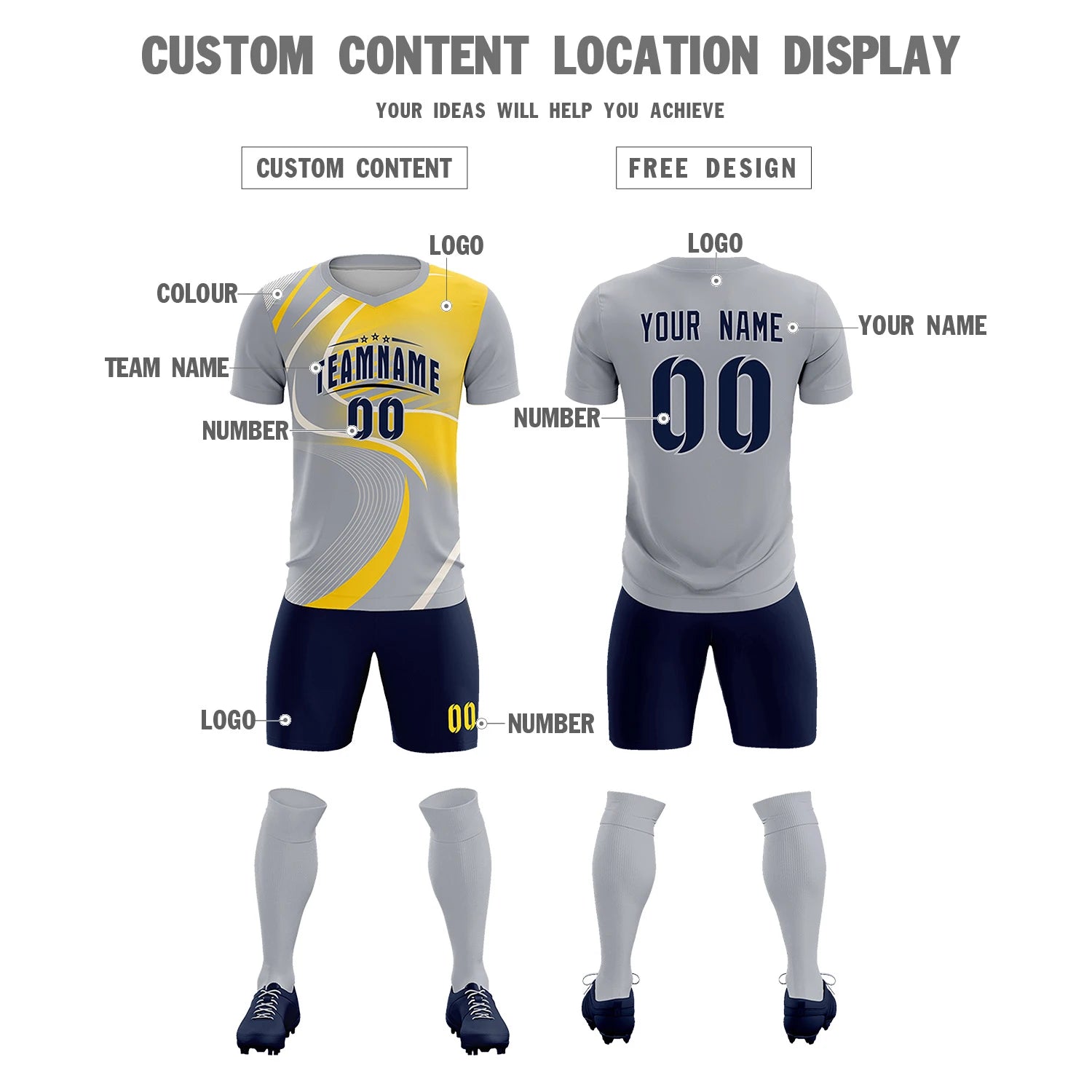 Custom Gray White-Gold01 Casual Printing Sportswear Soccer Sets Jersey