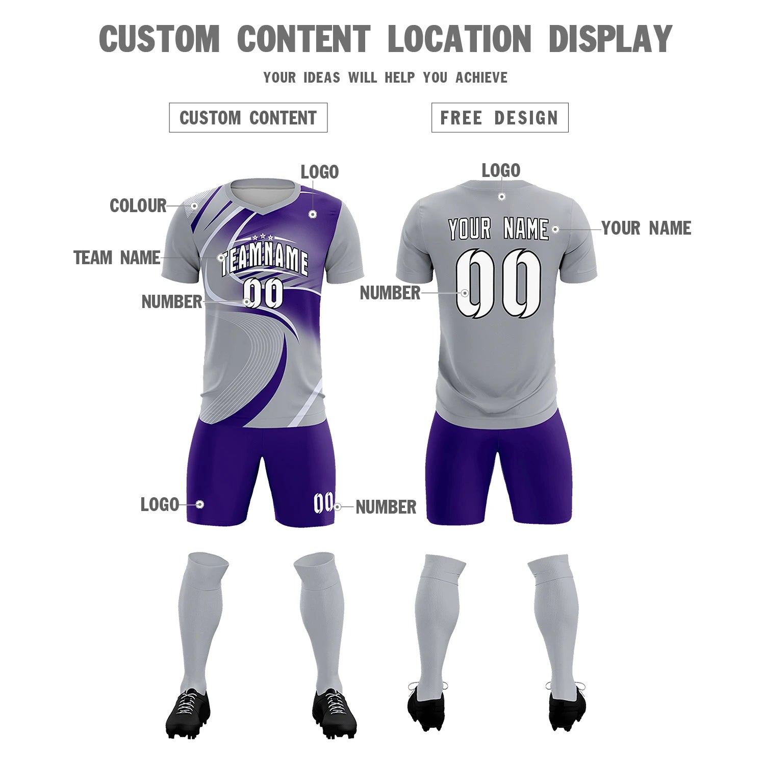 Custom Gray White-Purple Casual Printing Sportswear Soccer Sets Jersey