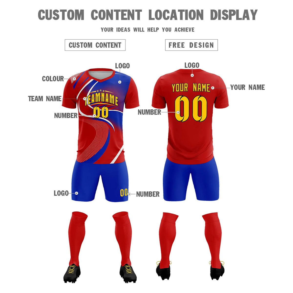 Custom Red White-Royal Blue Casual Printing Sportswear Soccer Sets Jersey