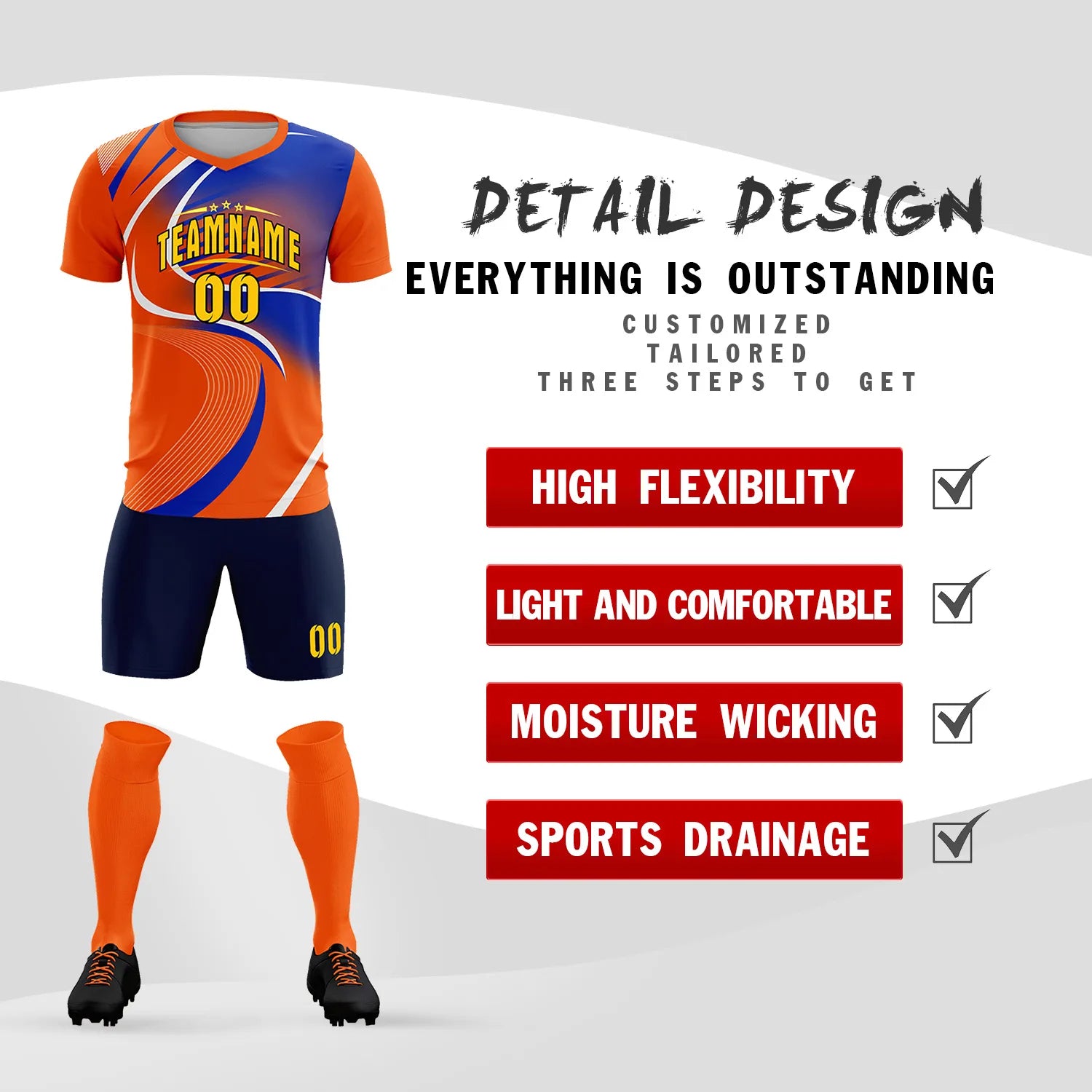 Custom Orange White-Royal Blue Casual Printing Sportswear Soccer Sets Jersey